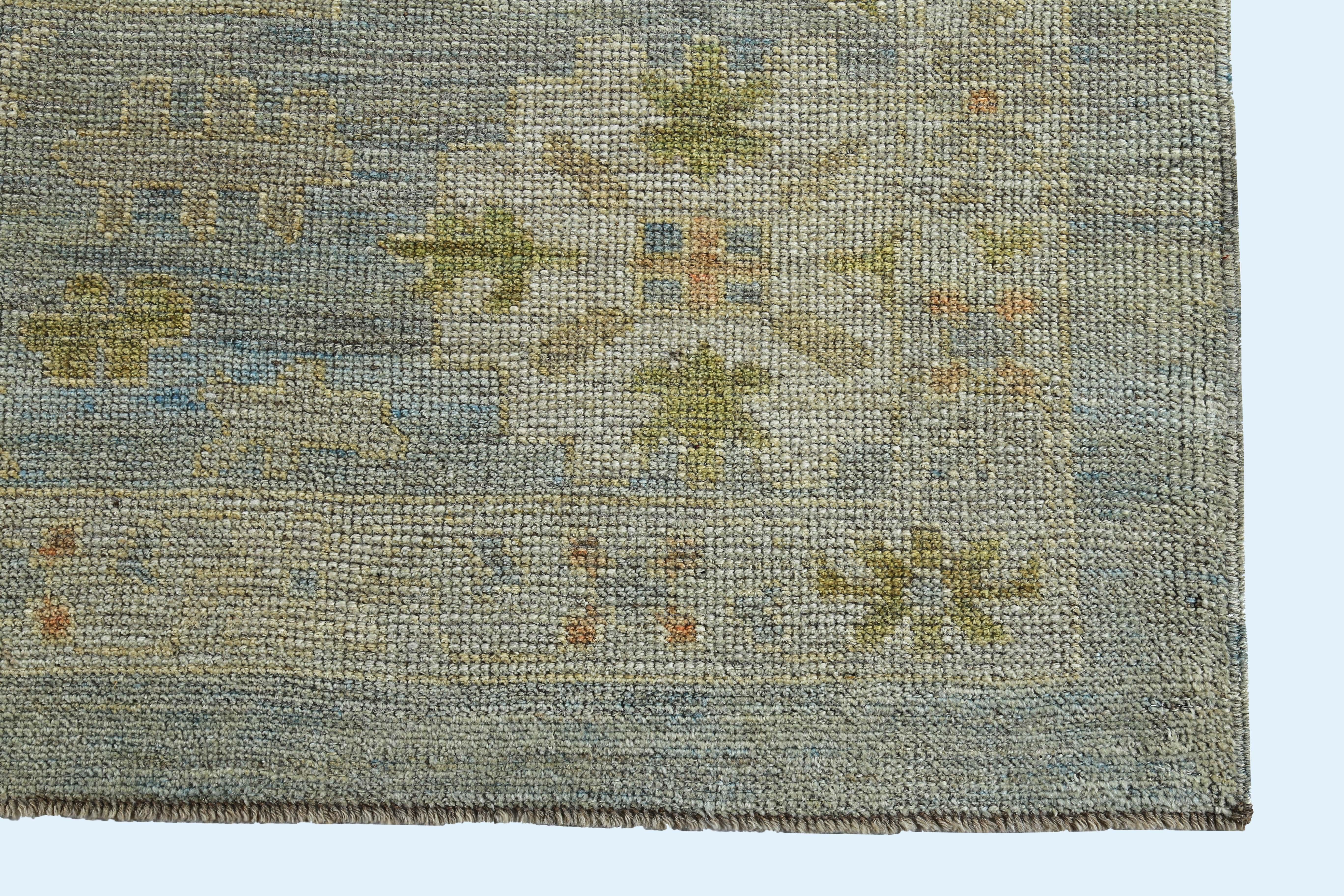 Wool New Turkish Oushak Rug with Orange and Yellow Floral Design on a Blue Field For Sale
