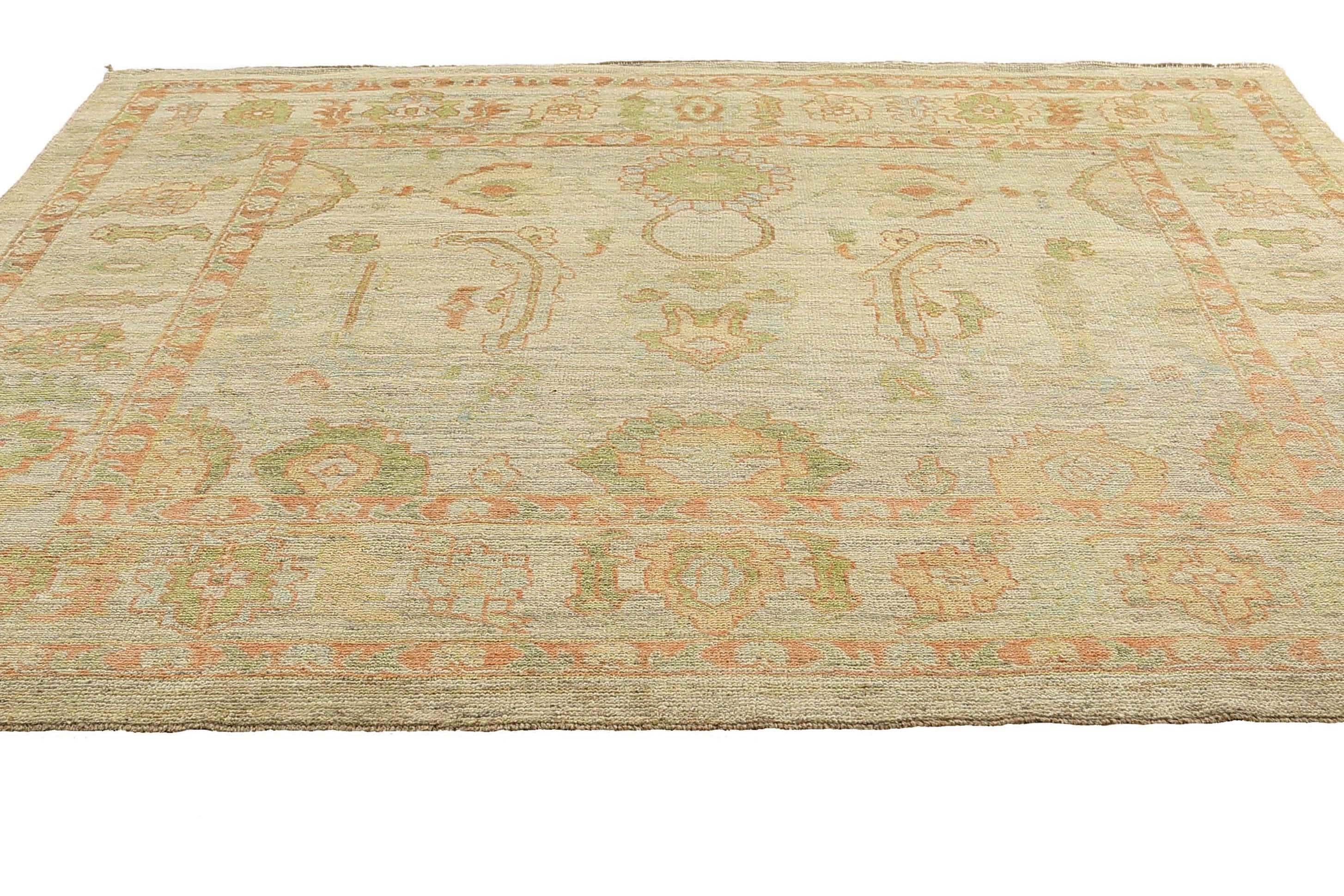 Tapis d'Afghanistan Oushak datant d'environ 1990, motif en laine vert ivoire rose - 95542 en vente 4