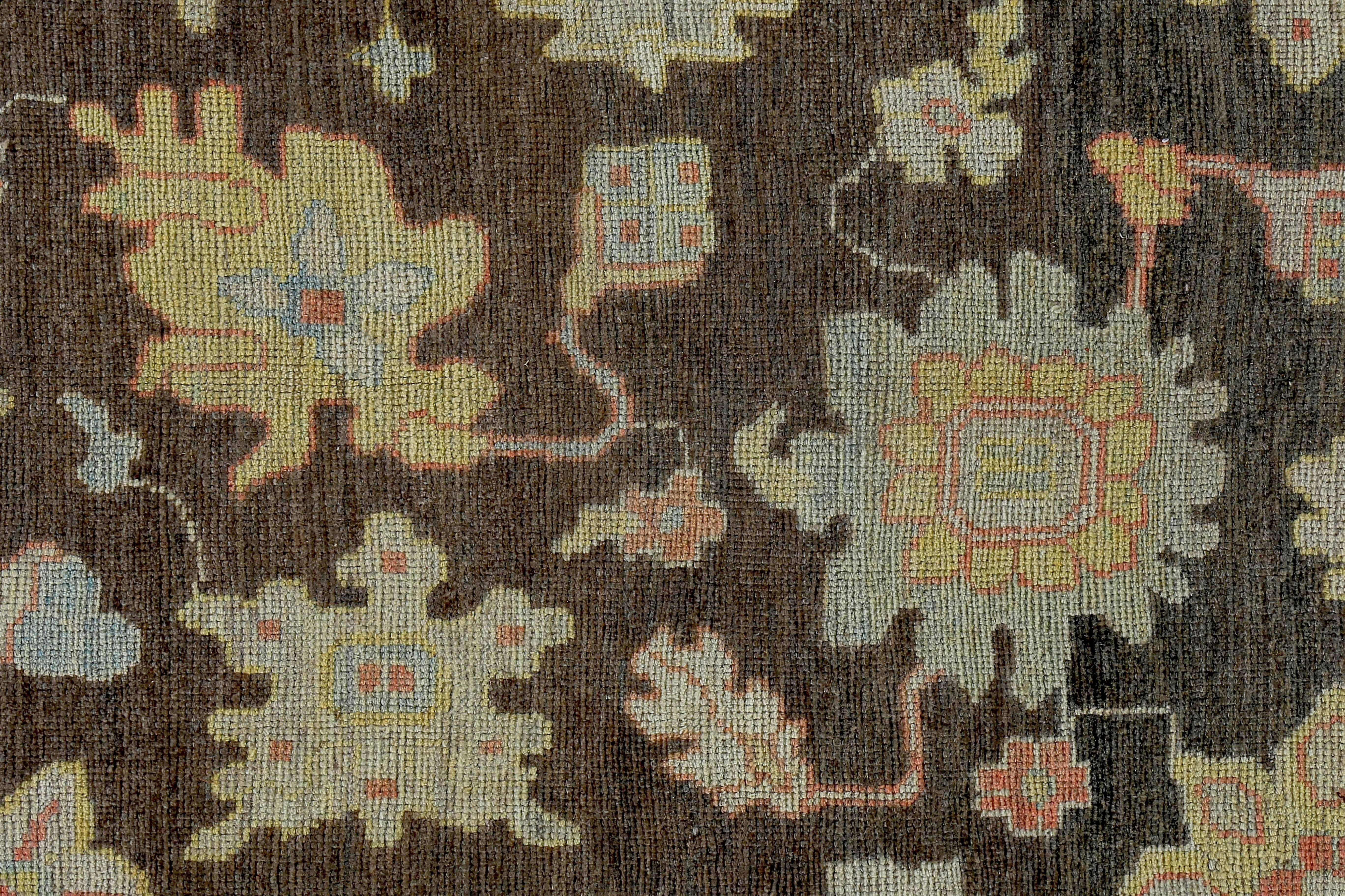 Hand-Woven New Turkish Oushak Rug with Pink & Blue Floral Details on Brown Field For Sale