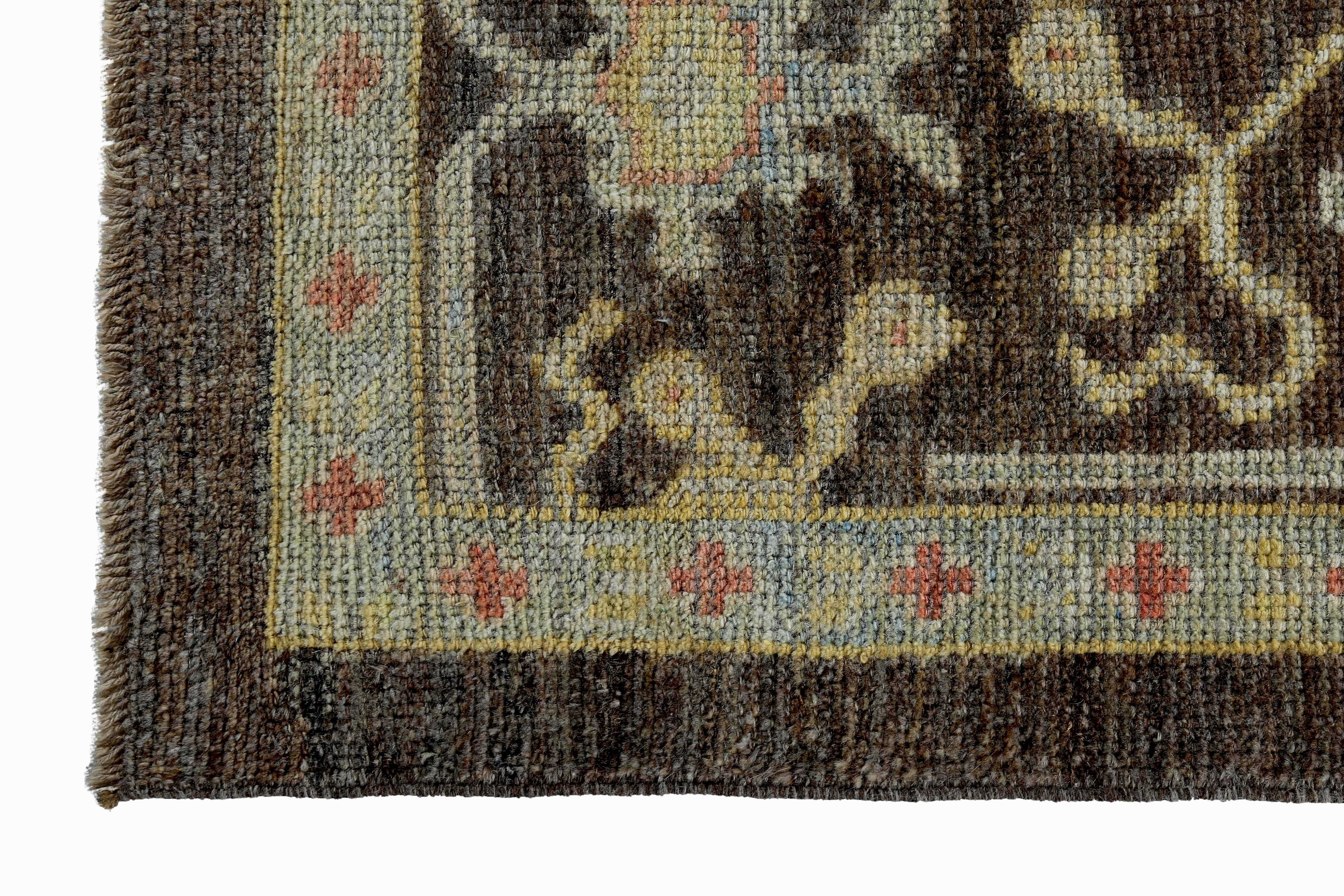 New Turkish Oushak Rug with Pink & Blue Floral Details on Brown Field In New Condition For Sale In Dallas, TX