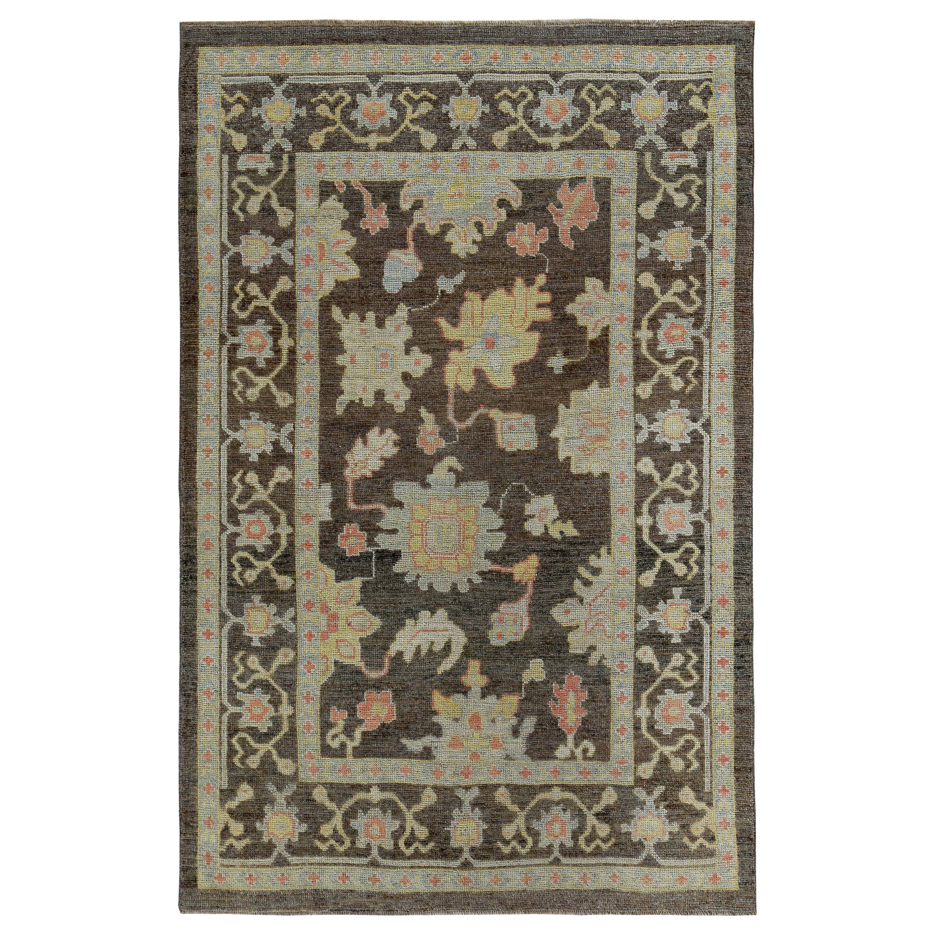 New Turkish Oushak Rug with Pink & Blue Floral Details on Brown Field For Sale