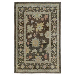 New Turkish Oushak Rug with Pink & Blue Floral Details on Brown Field