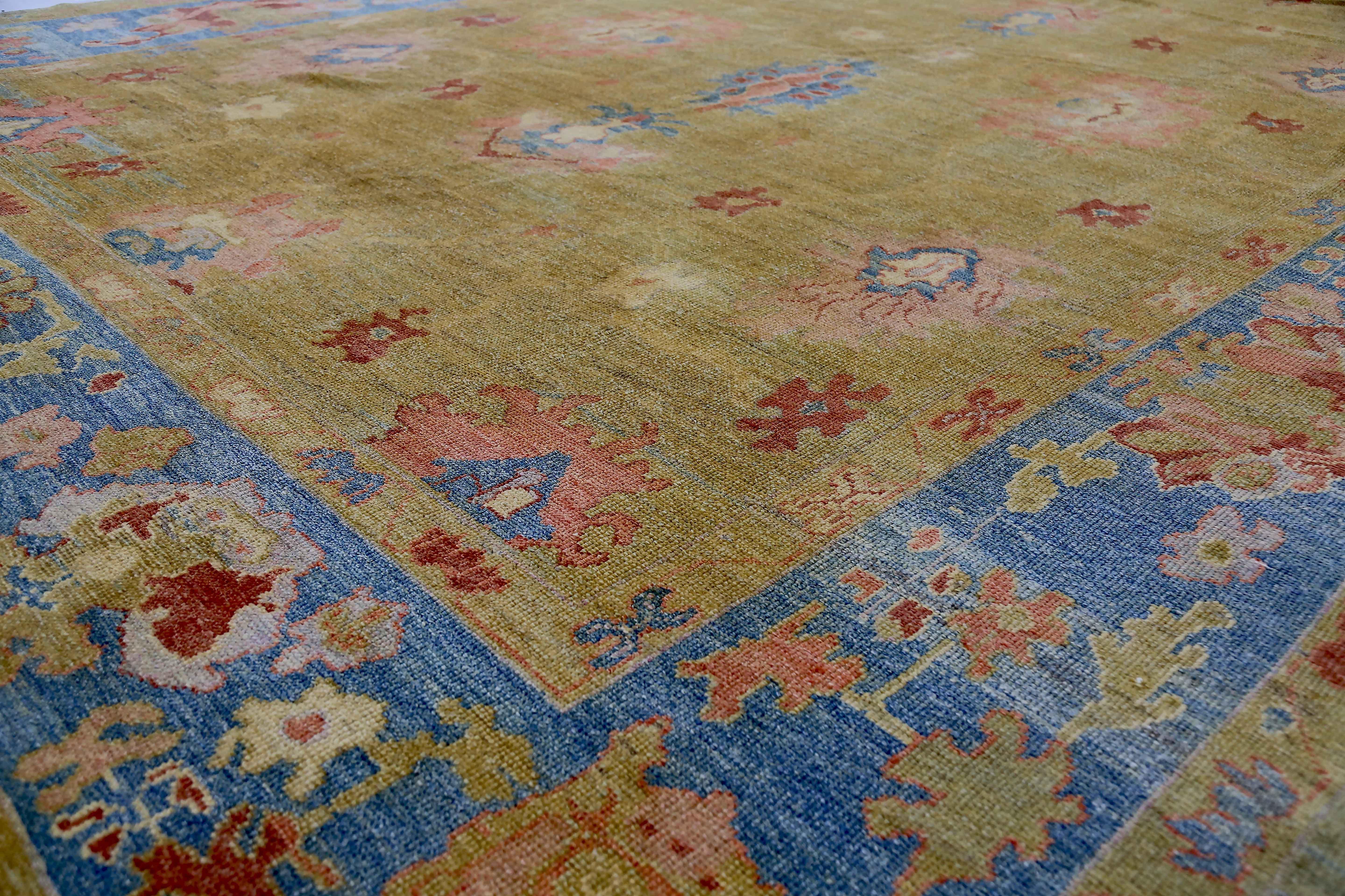 Hand-Woven New Turkish Oushak Rug with Red & Blue Floral Details on Golden Field For Sale