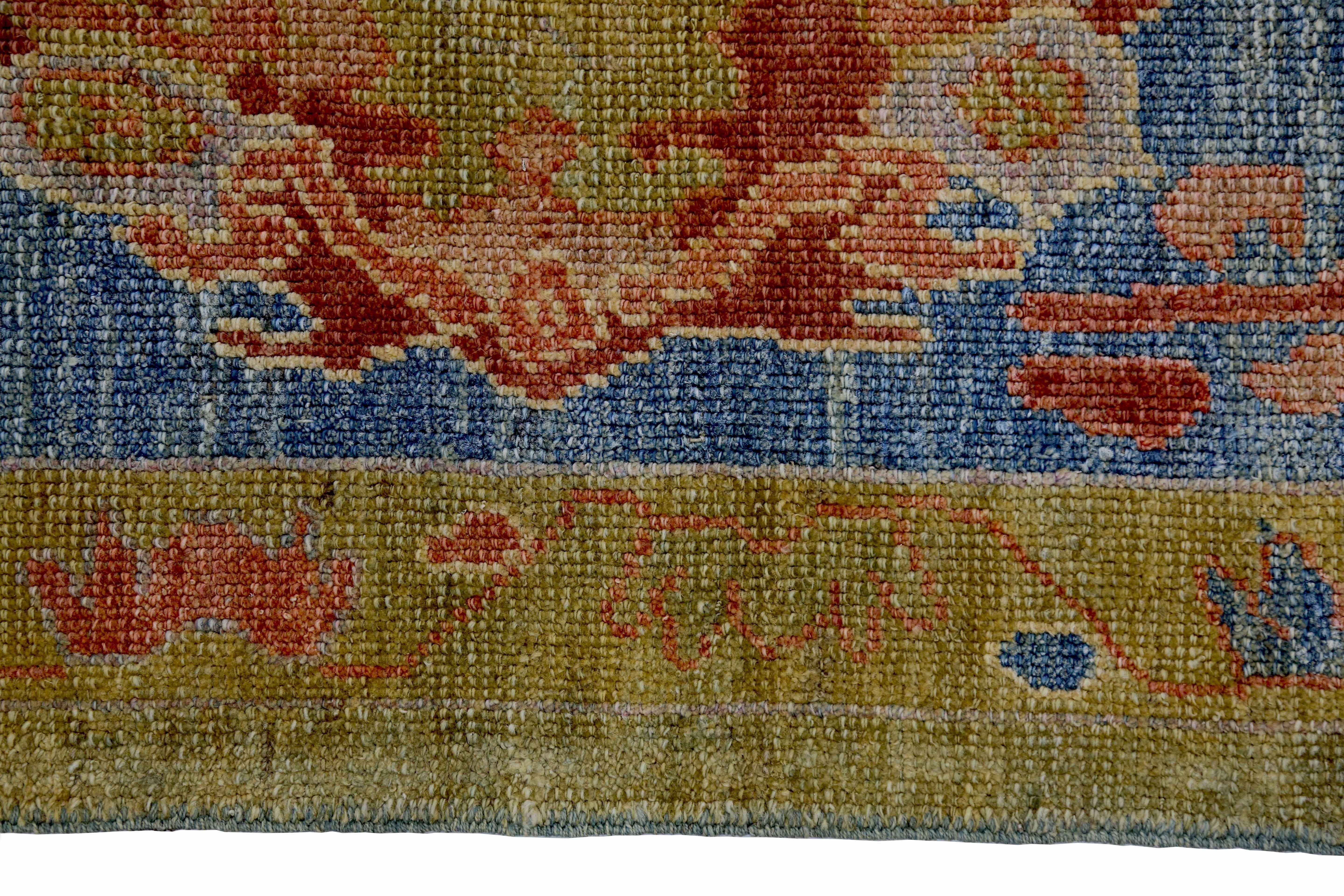 New Turkish Oushak Rug with Red & Blue Floral Details on Golden Field In New Condition For Sale In Dallas, TX