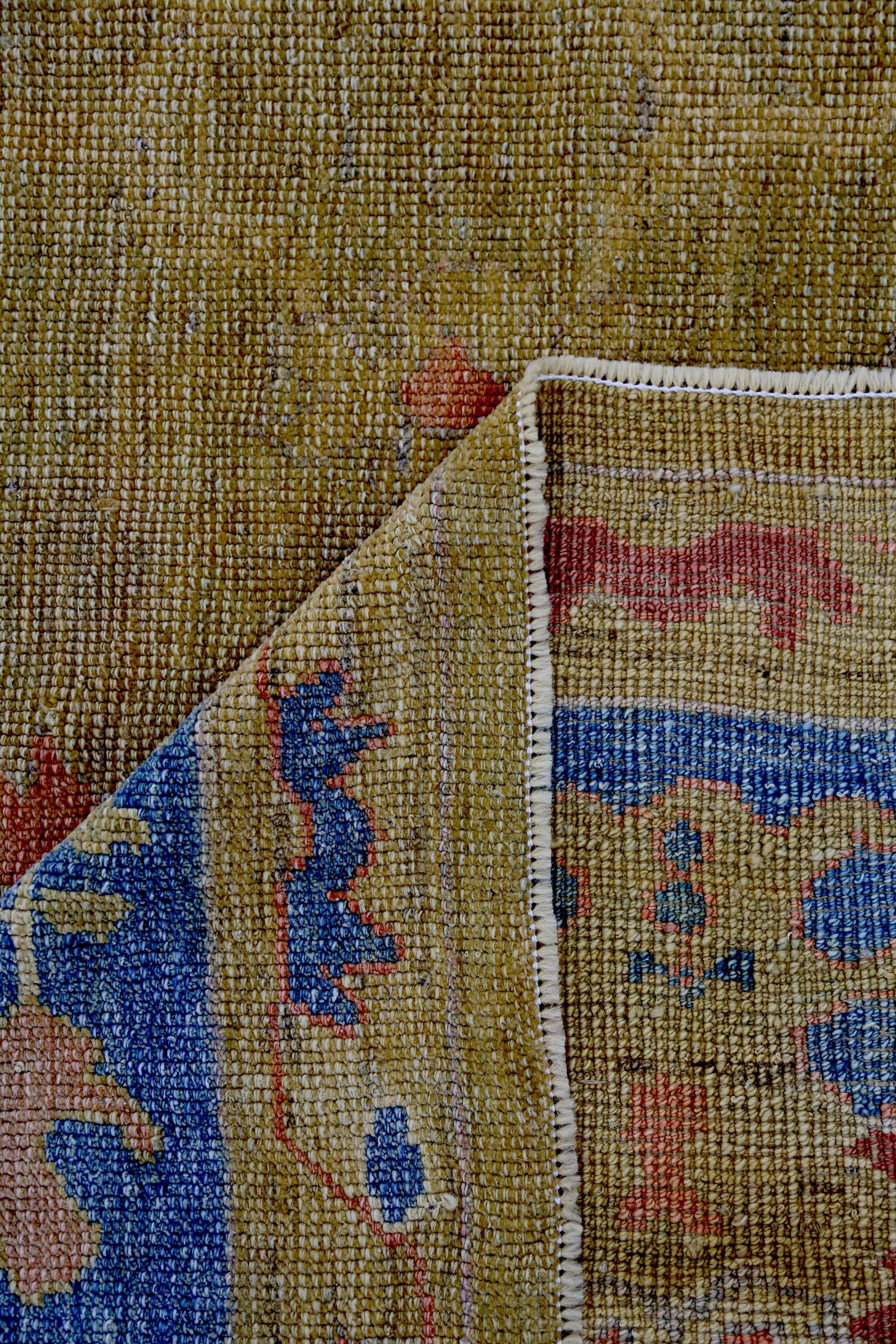 Contemporary New Turkish Oushak Rug with Red & Blue Floral Details on Golden Field For Sale