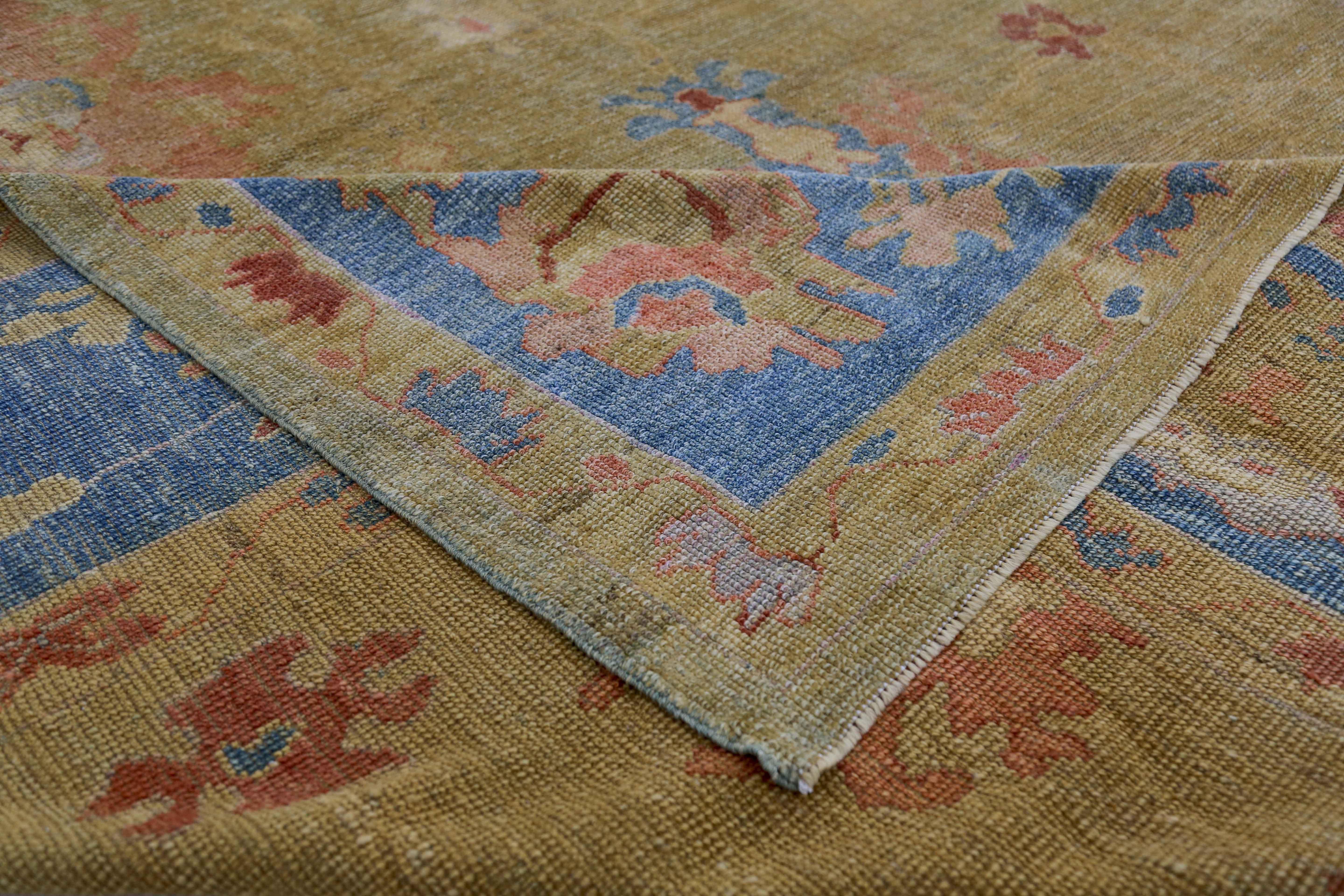 Wool New Turkish Oushak Rug with Red & Blue Floral Details on Golden Field For Sale