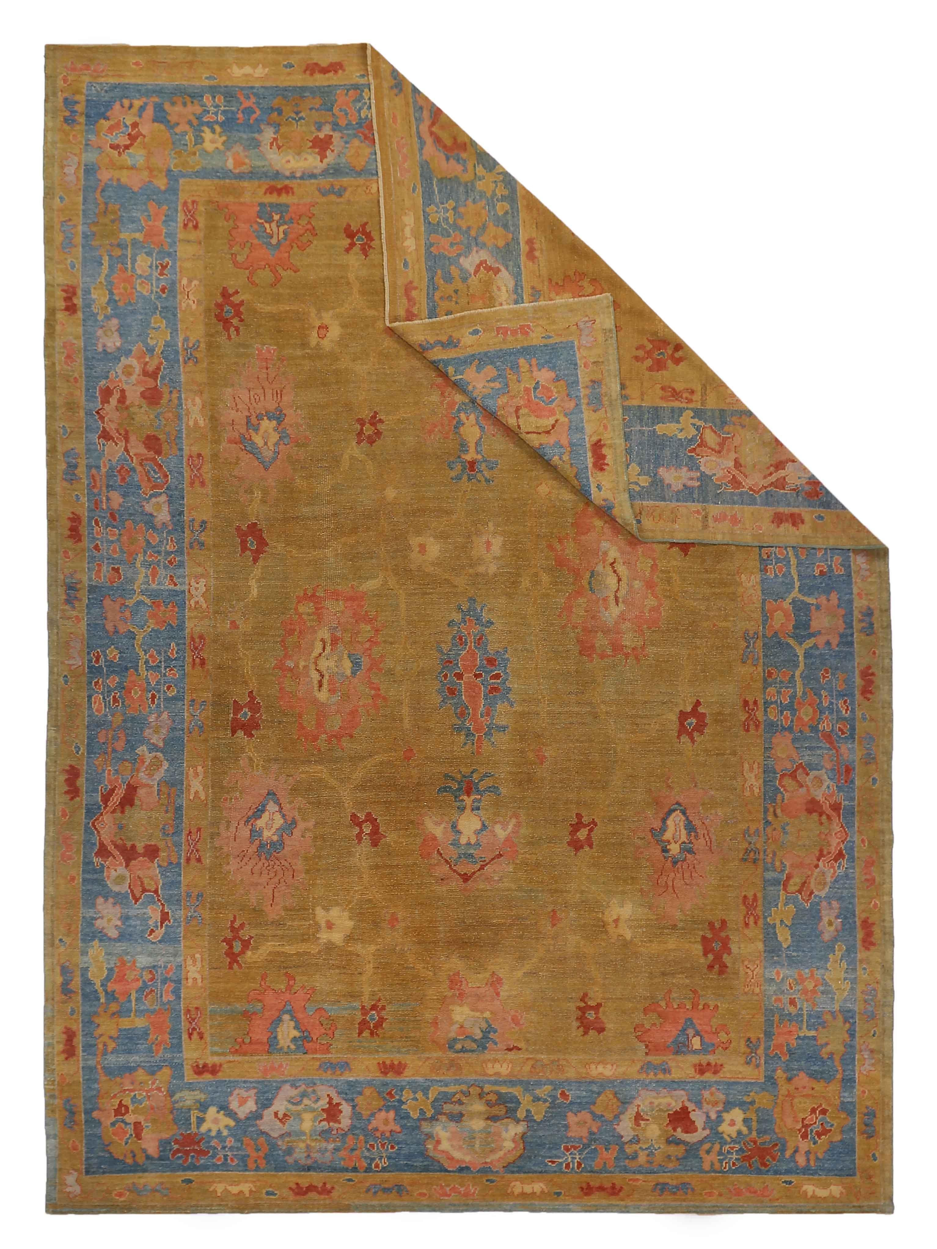 New Turkish Oushak Rug with Red & Blue Floral Details on Golden Field For Sale 2