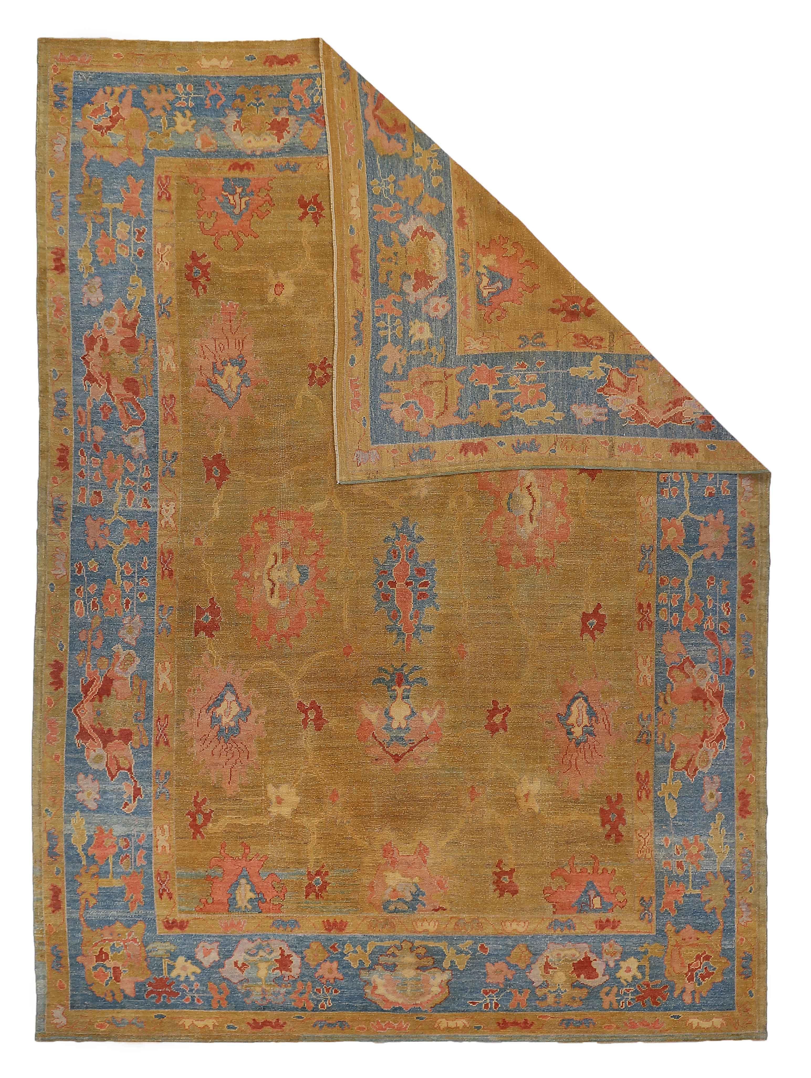 New Turkish Oushak Rug with Red & Blue Floral Details on Golden Field For Sale 3