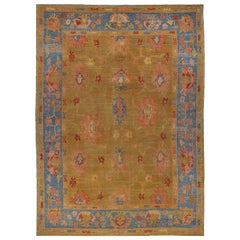 New Turkish Oushak Rug with Red & Blue Floral Details on Golden Field