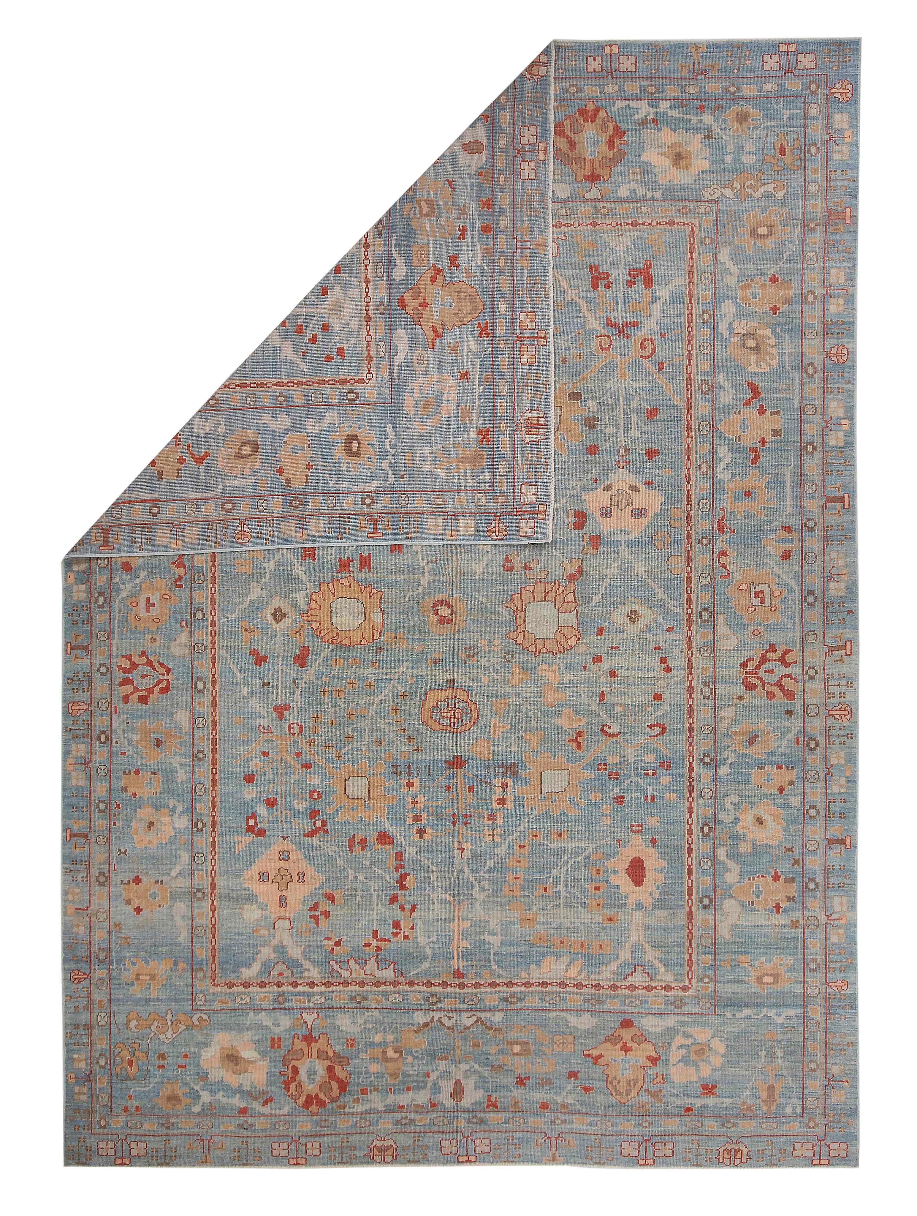 Hand-Woven New Turkish Oushak Rug with Red & Brown Floral Details on Blue Gray Field For Sale