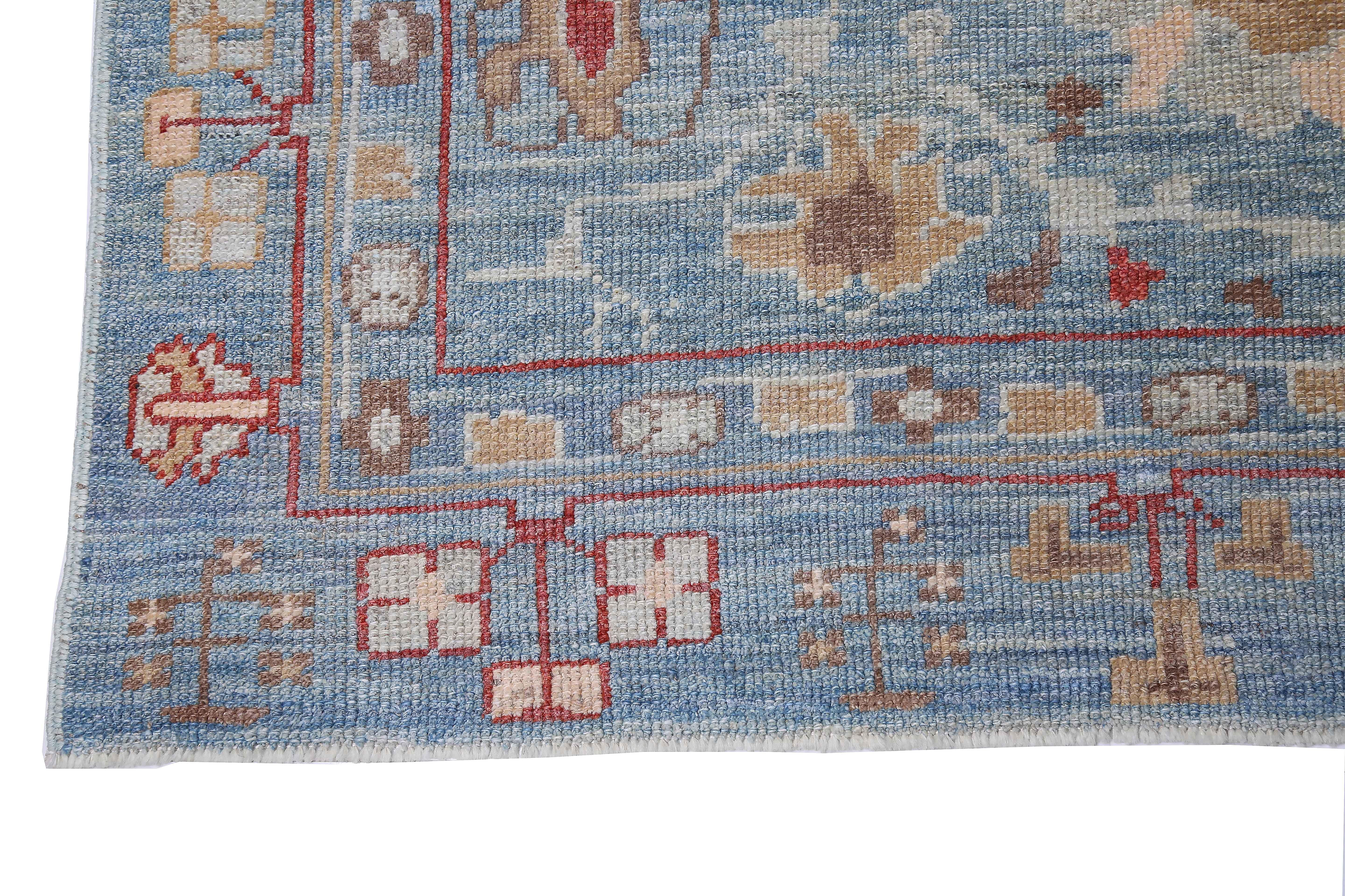 New Turkish Oushak Rug with Red & Brown Floral Details on Blue Gray Field For Sale 1