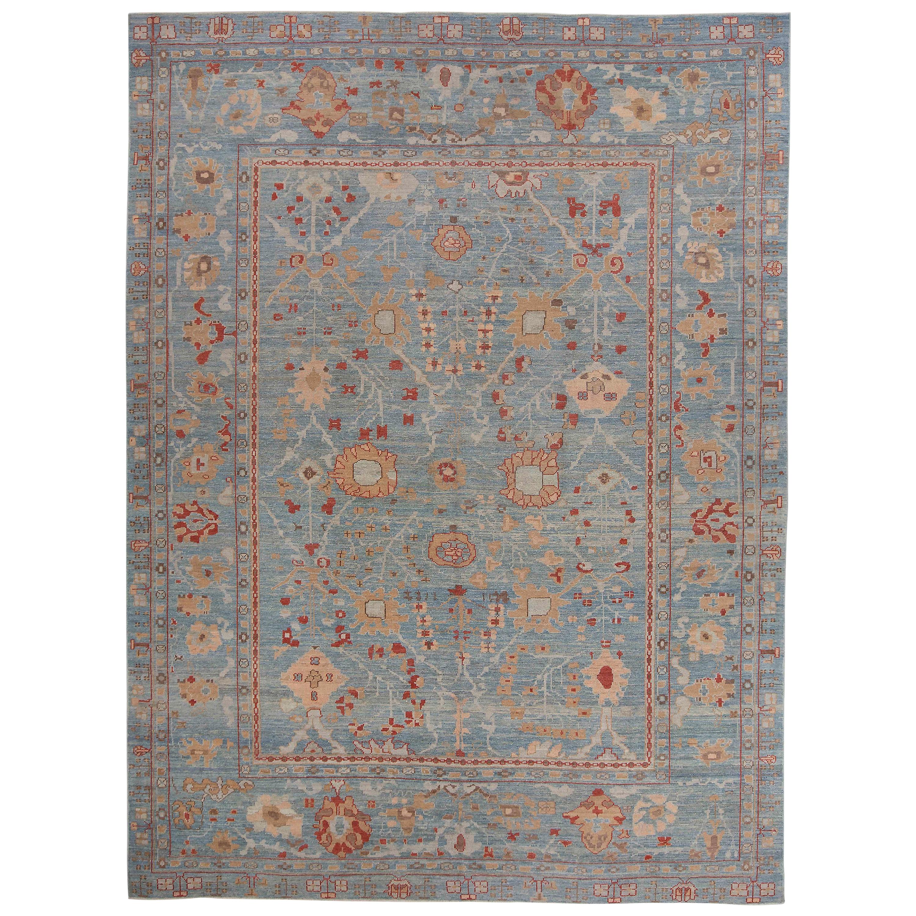 New Turkish Oushak Rug with Red & Brown Floral Details on Blue Gray Field For Sale