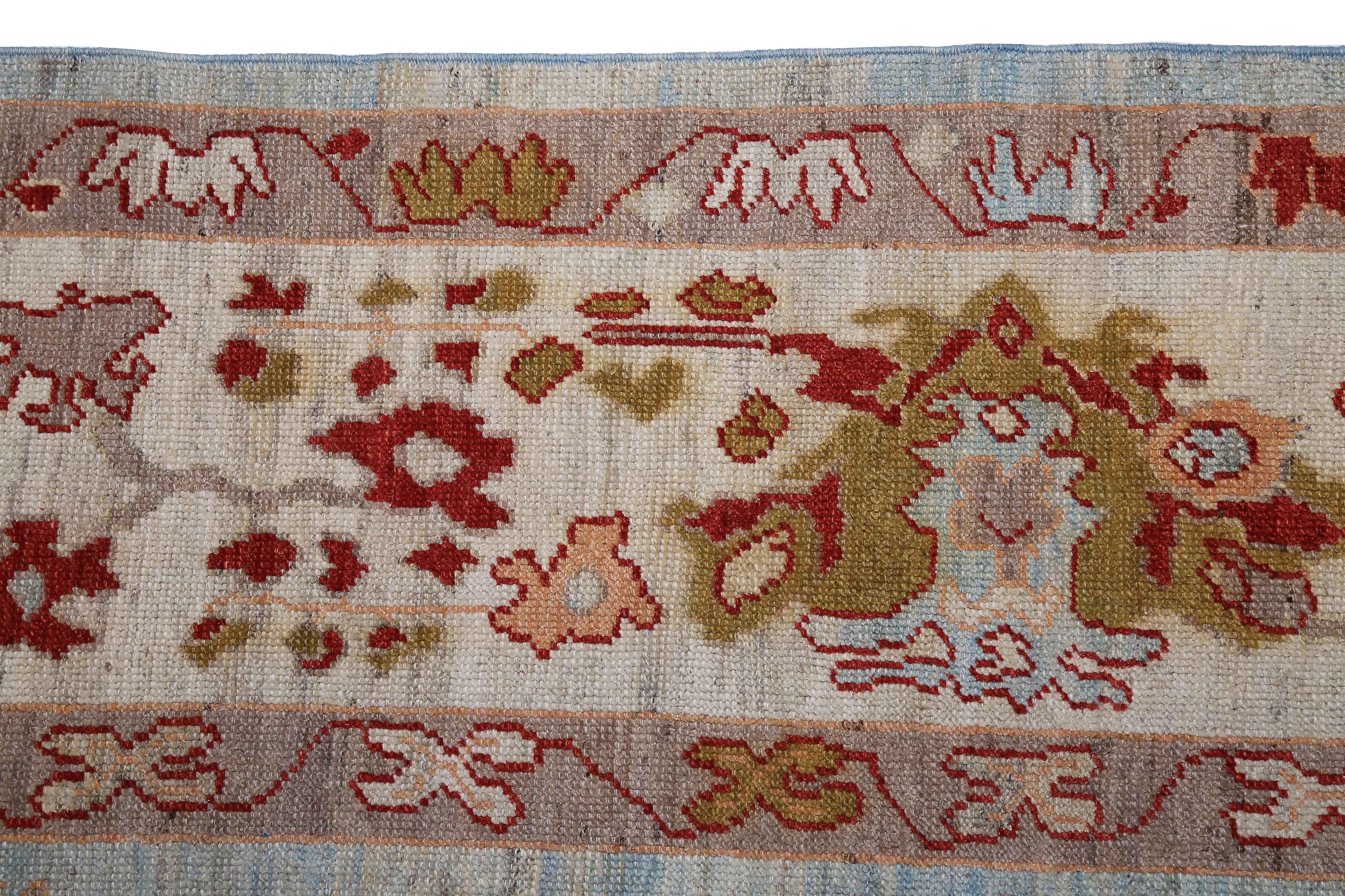 Hand-Woven New Turkish Oushak Rug with Red & Brown Floral Details on Blue & Ivory Field For Sale
