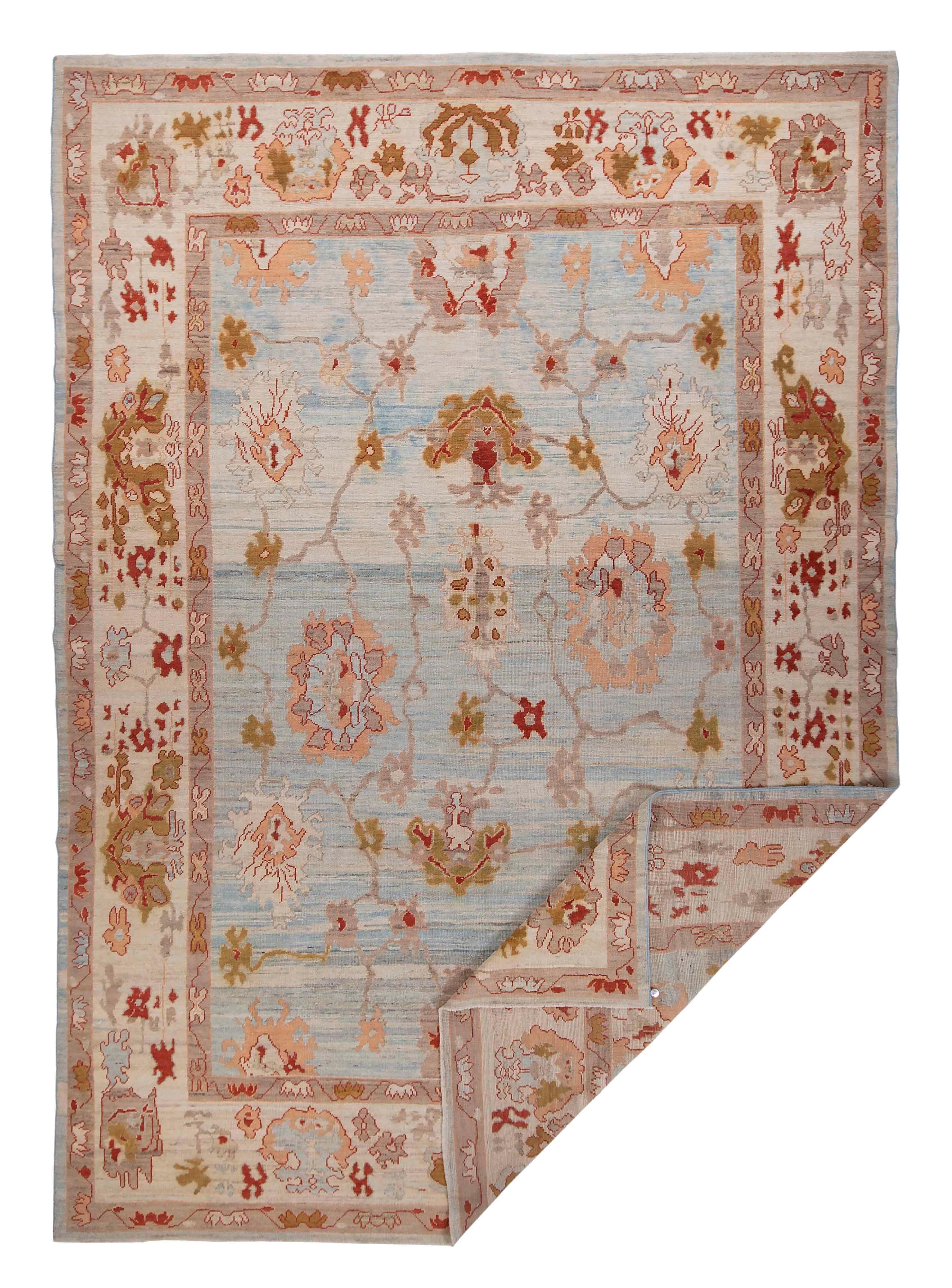 Contemporary New Turkish Oushak Rug with Red & Brown Floral Details on Blue & Ivory Field For Sale