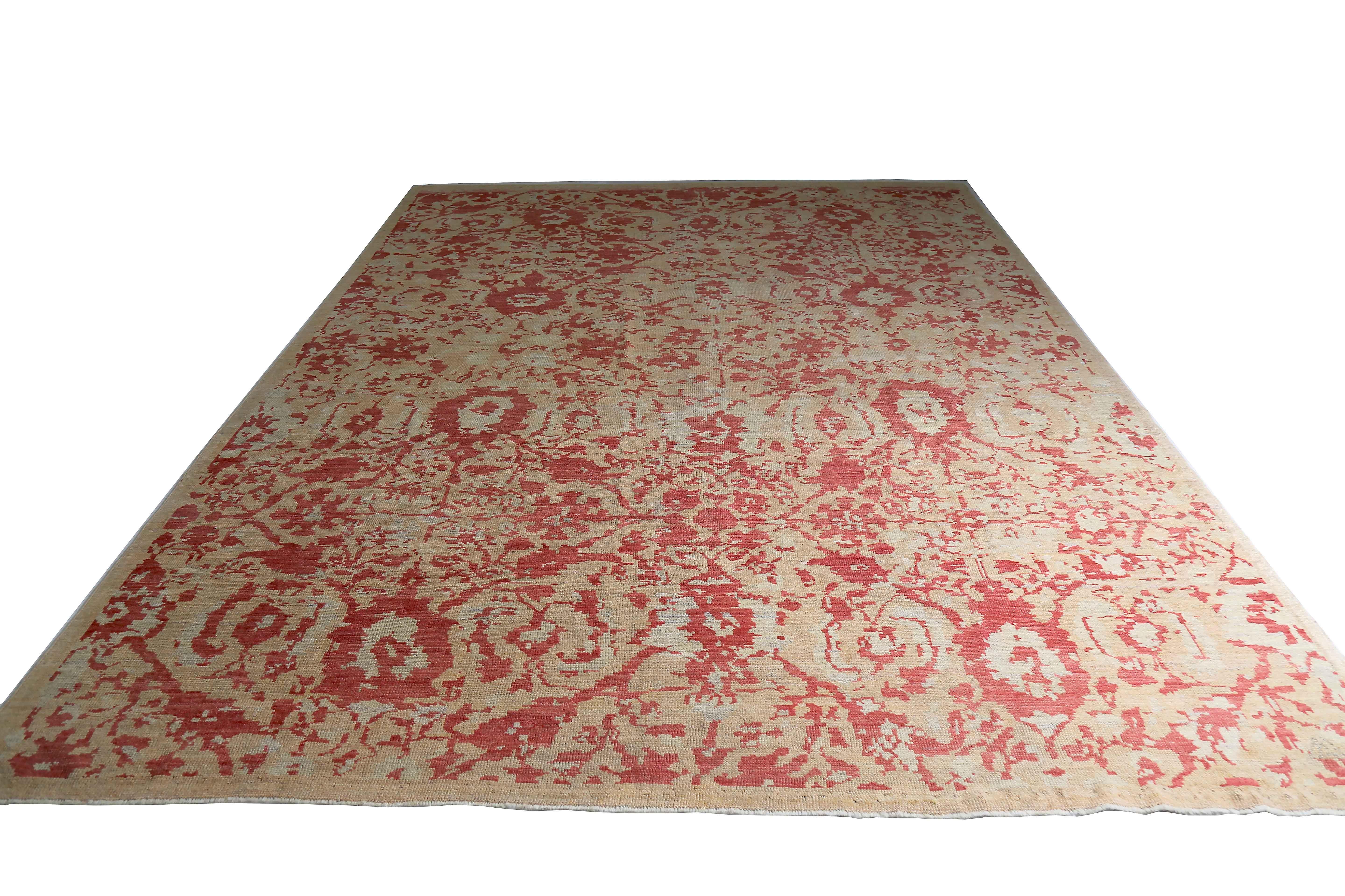 New Turkish rug made of handwoven sheep’s wool of the finest quality. It’s colored with organic vegetable dyes that are certified safe for humans and pets alike. It features floral details in red over a lovely ivory and beige field. Flower patterns