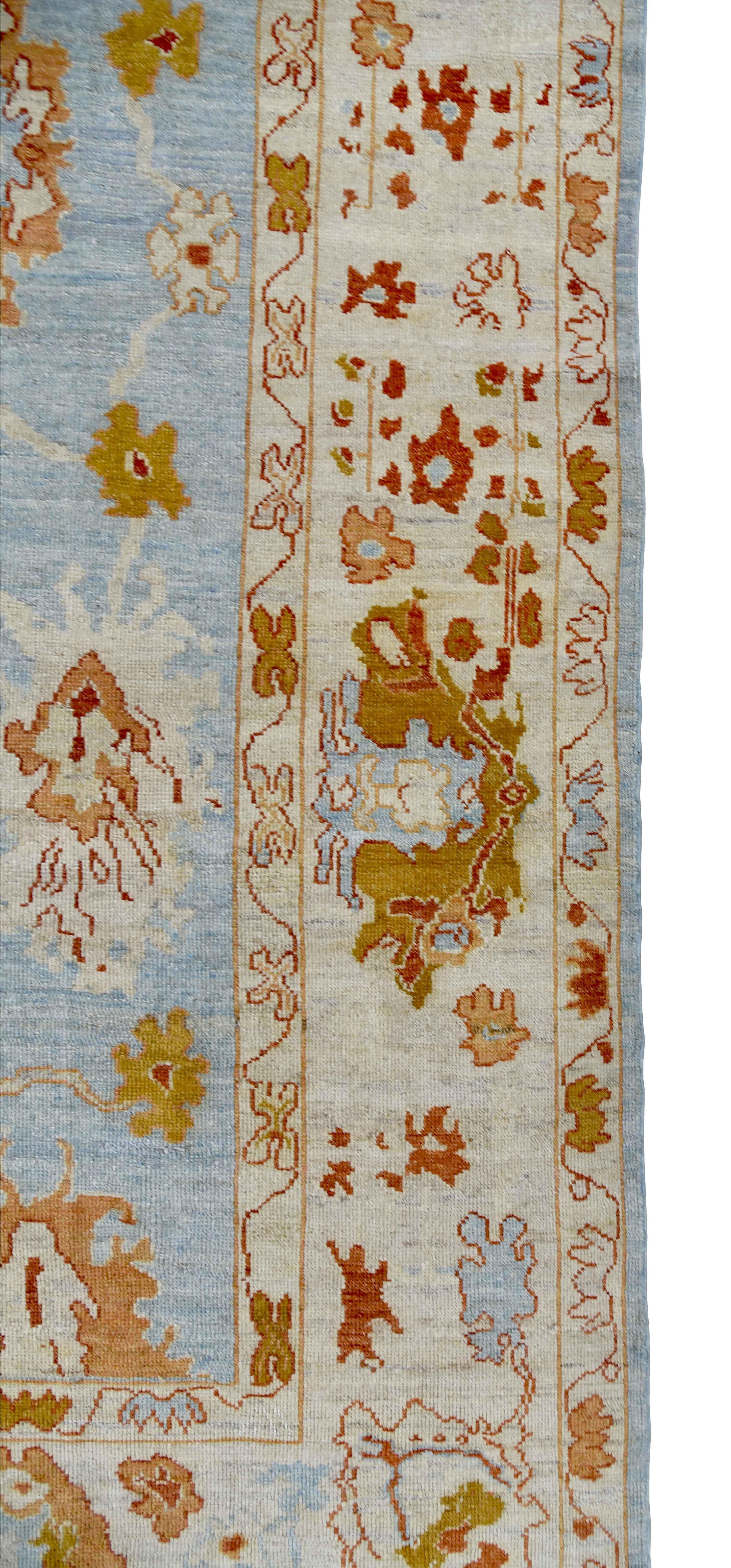 New Turkish Oushak Rug with Red & Gold Floral Details on Ivory Blue Field In New Condition For Sale In Dallas, TX