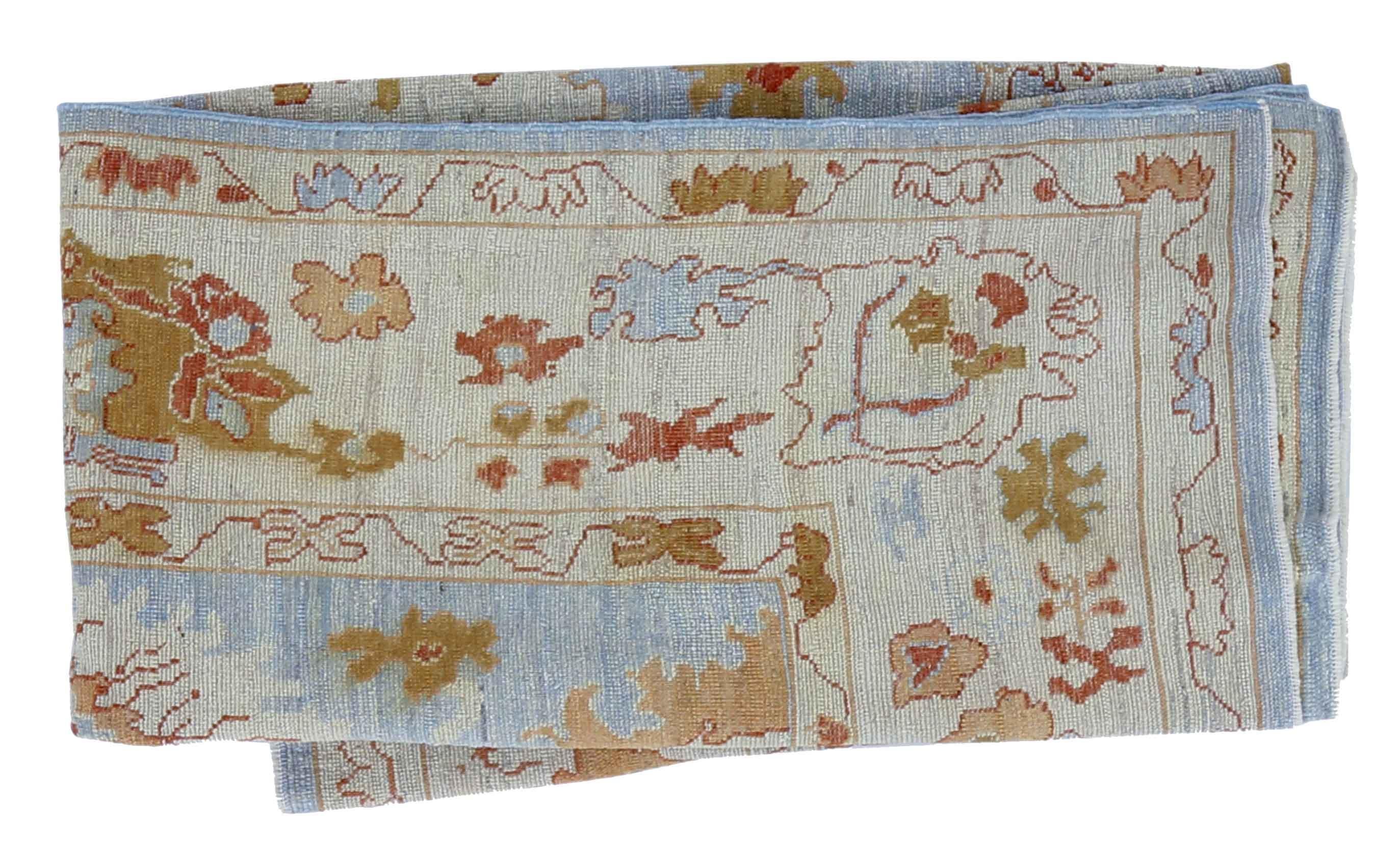 New Turkish Oushak Rug with Red & Gold Floral Details on Ivory Blue Field For Sale 1