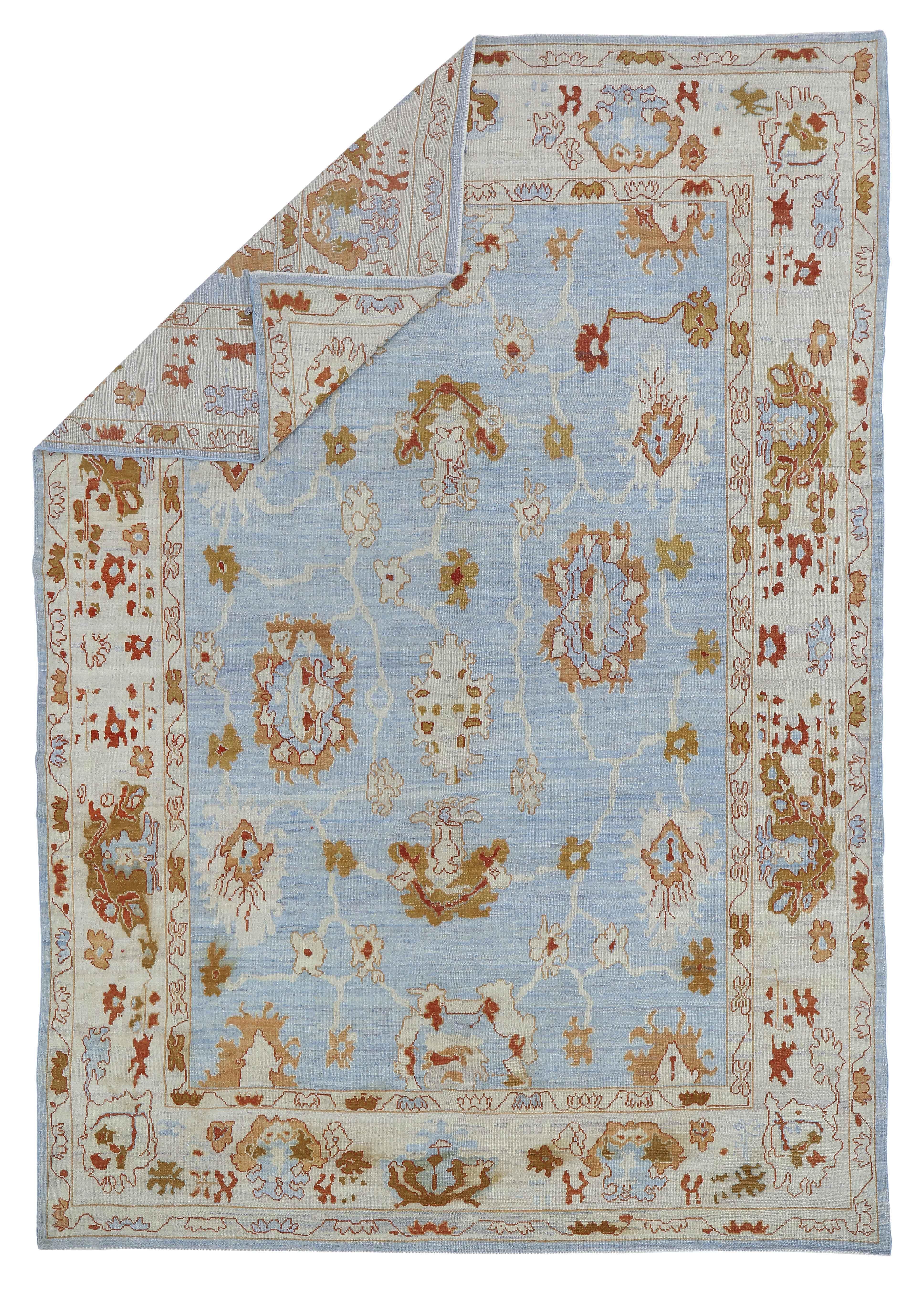 New Turkish Oushak Rug with Red & Gold Floral Details on Ivory Blue Field For Sale 2