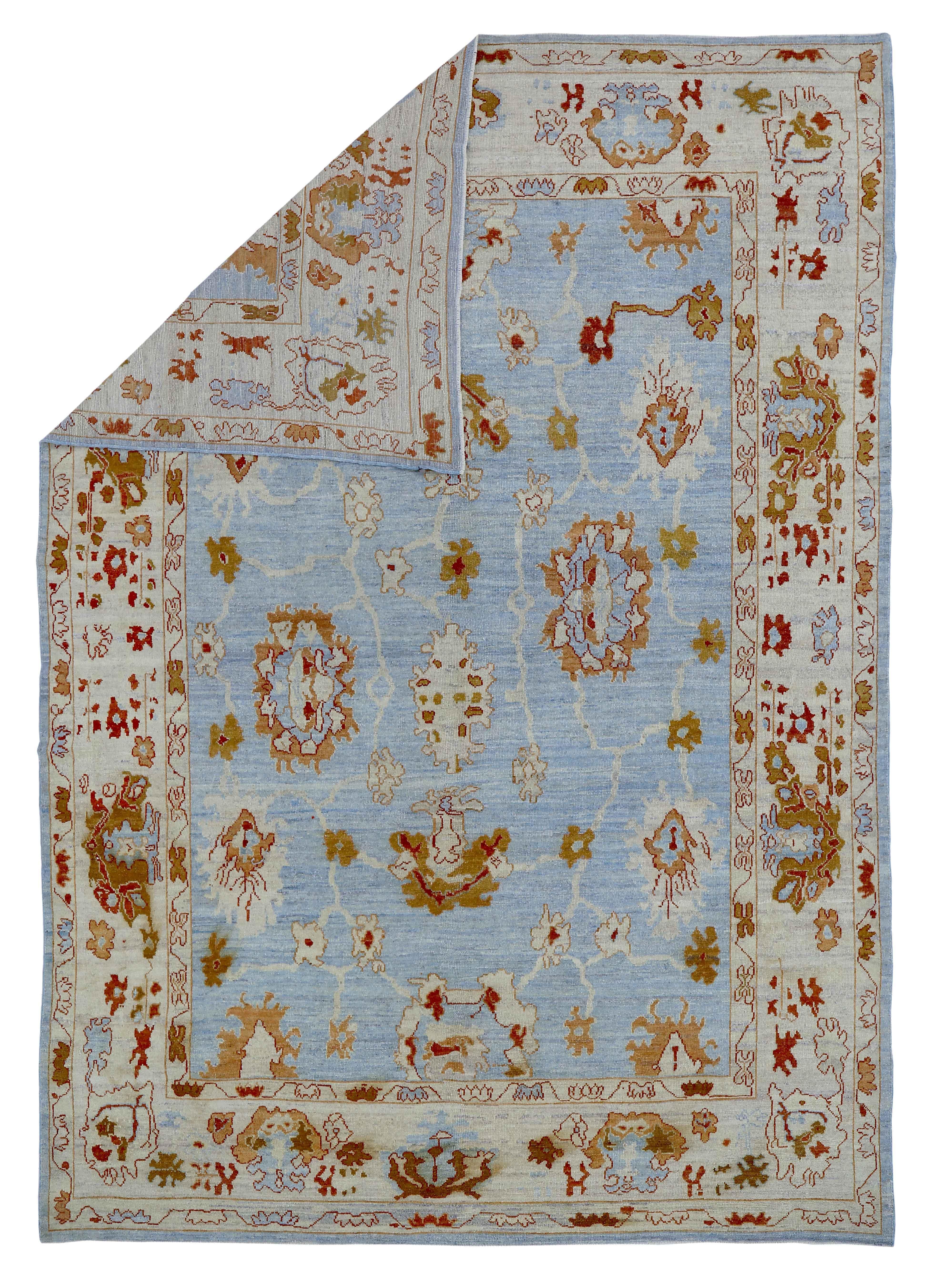 New Turkish Oushak Rug with Red & Gold Floral Details on Ivory Blue Field For Sale 3