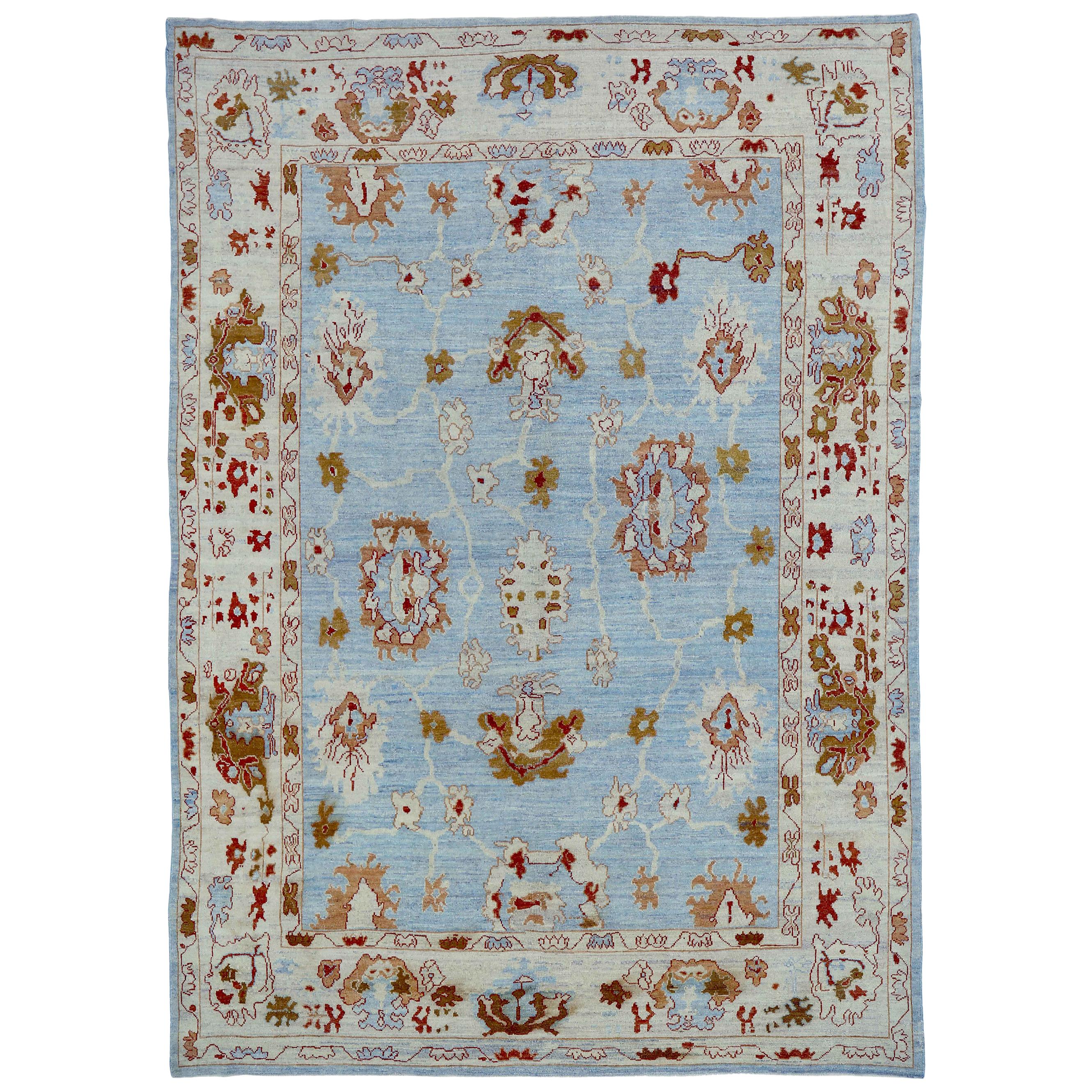 New Turkish Oushak Rug with Red & Gold Floral Details on Ivory Blue Field For Sale