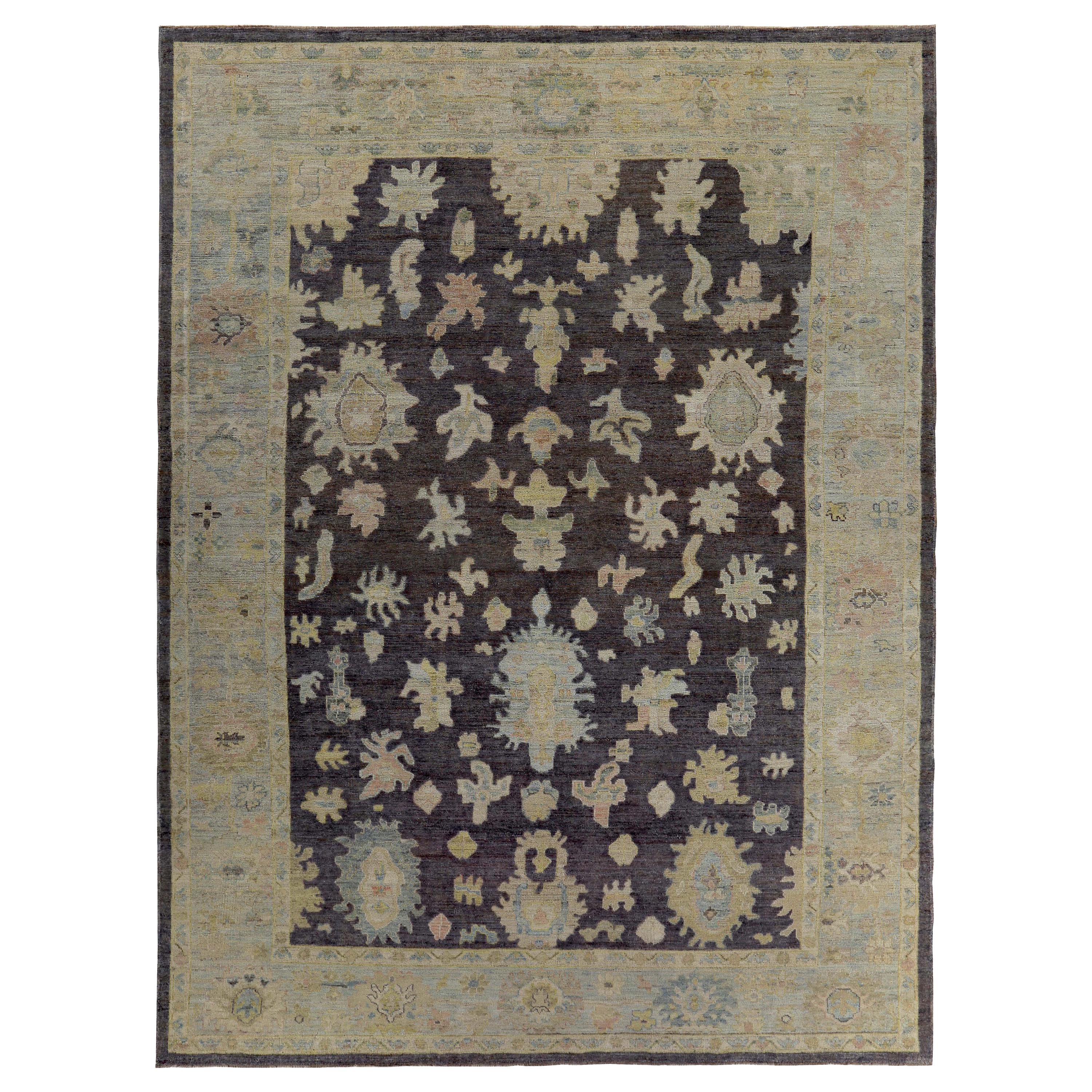 New Turkish Oushak Rug with Yellow and Green Floral Details on Brown Field
