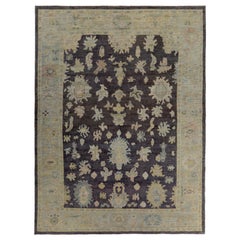 New Turkish Oushak Rug with Yellow and Green Floral Details on Brown Field