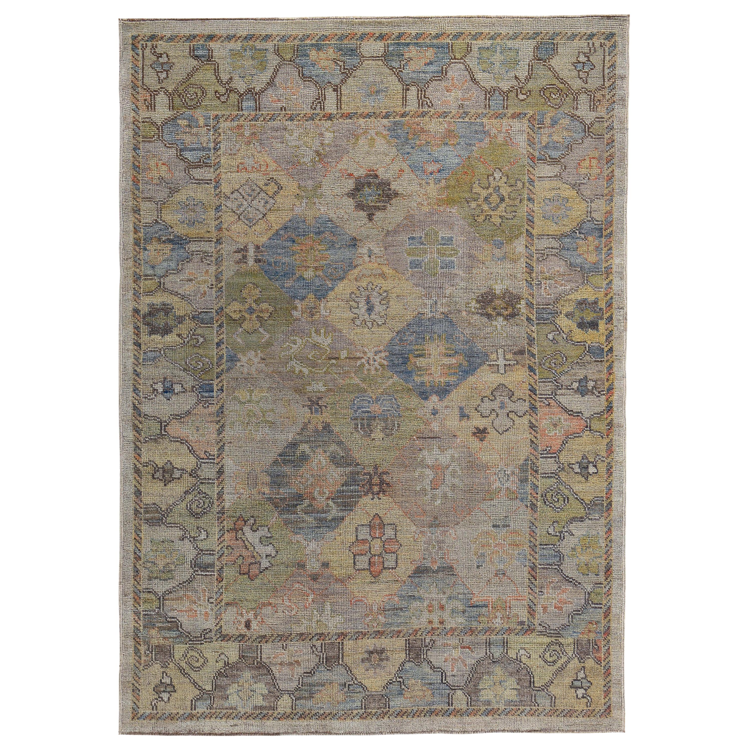 New Turkish Oushak Rug with Yellow, Blue and Green Floral Details on Beige Field For Sale