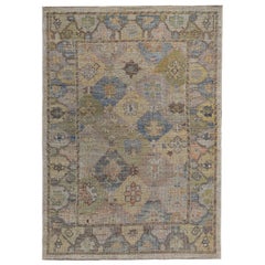 New Turkish Oushak Rug with Yellow, Blue and Green Floral Details on Beige Field