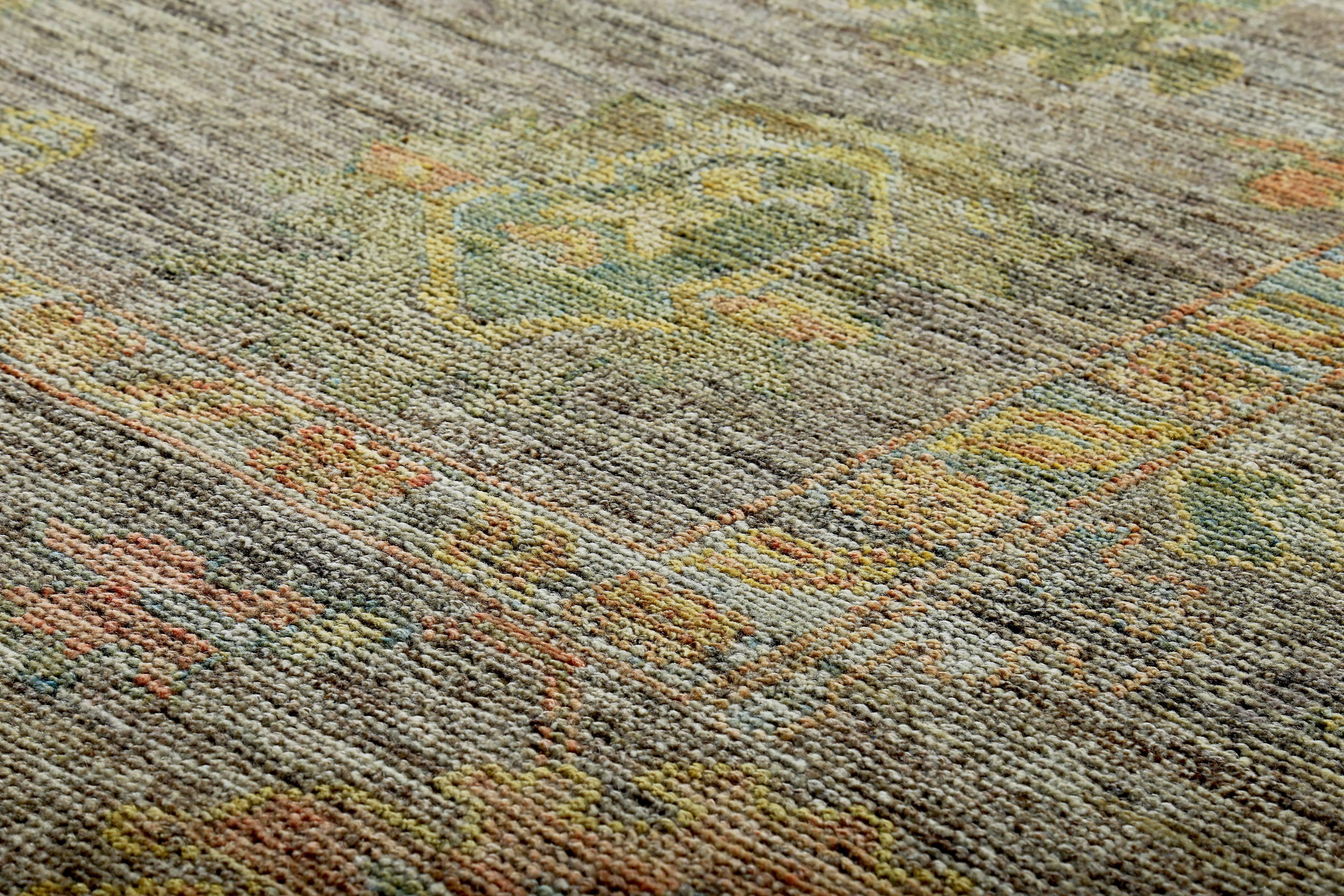 Hand-Woven New Turkish Oushak Rug with Yellow & Green Floral Details on Brown Field For Sale