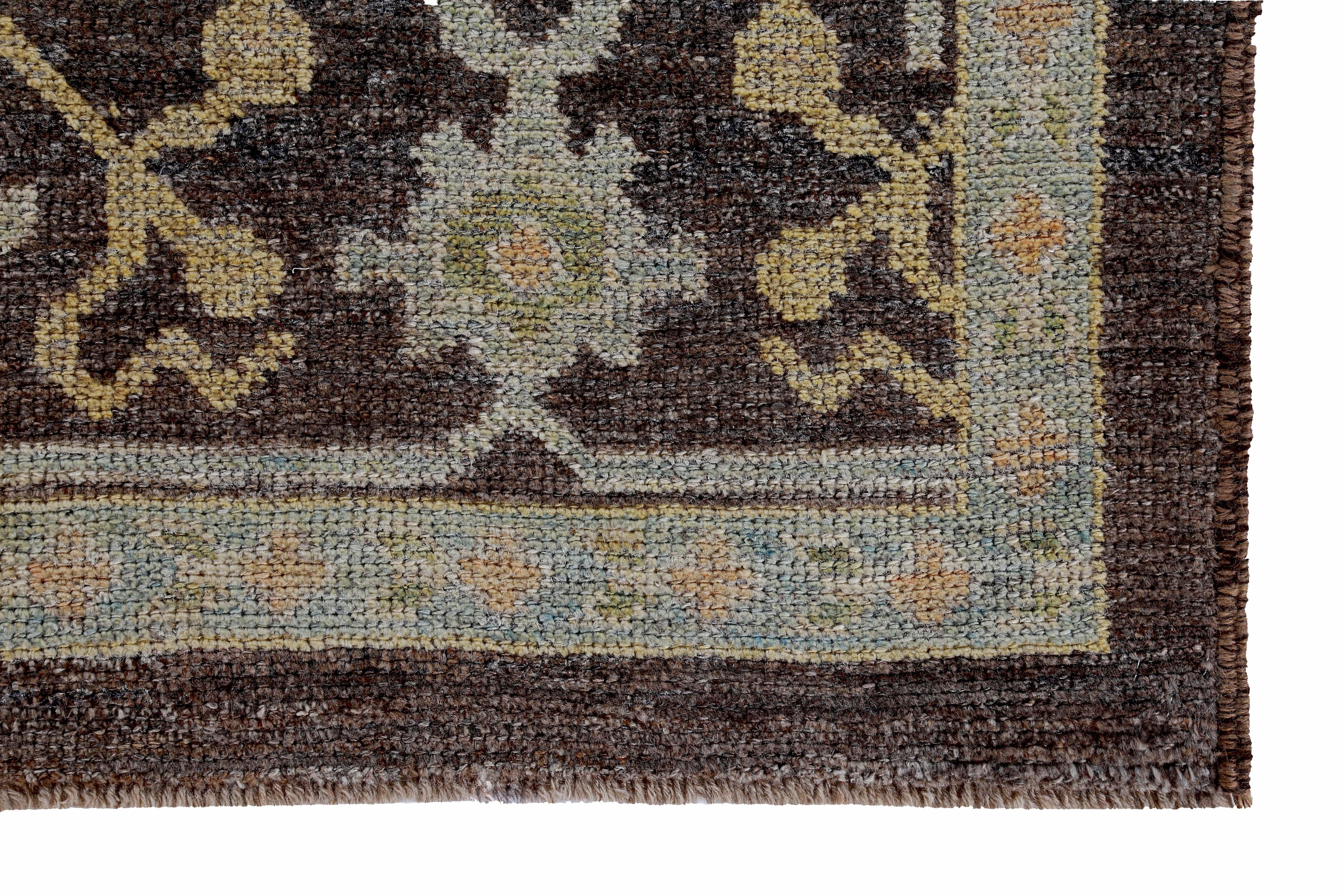 New Turkish Oushak Rug with Yellow and Green Floral Details on Brown Field In New Condition For Sale In Dallas, TX