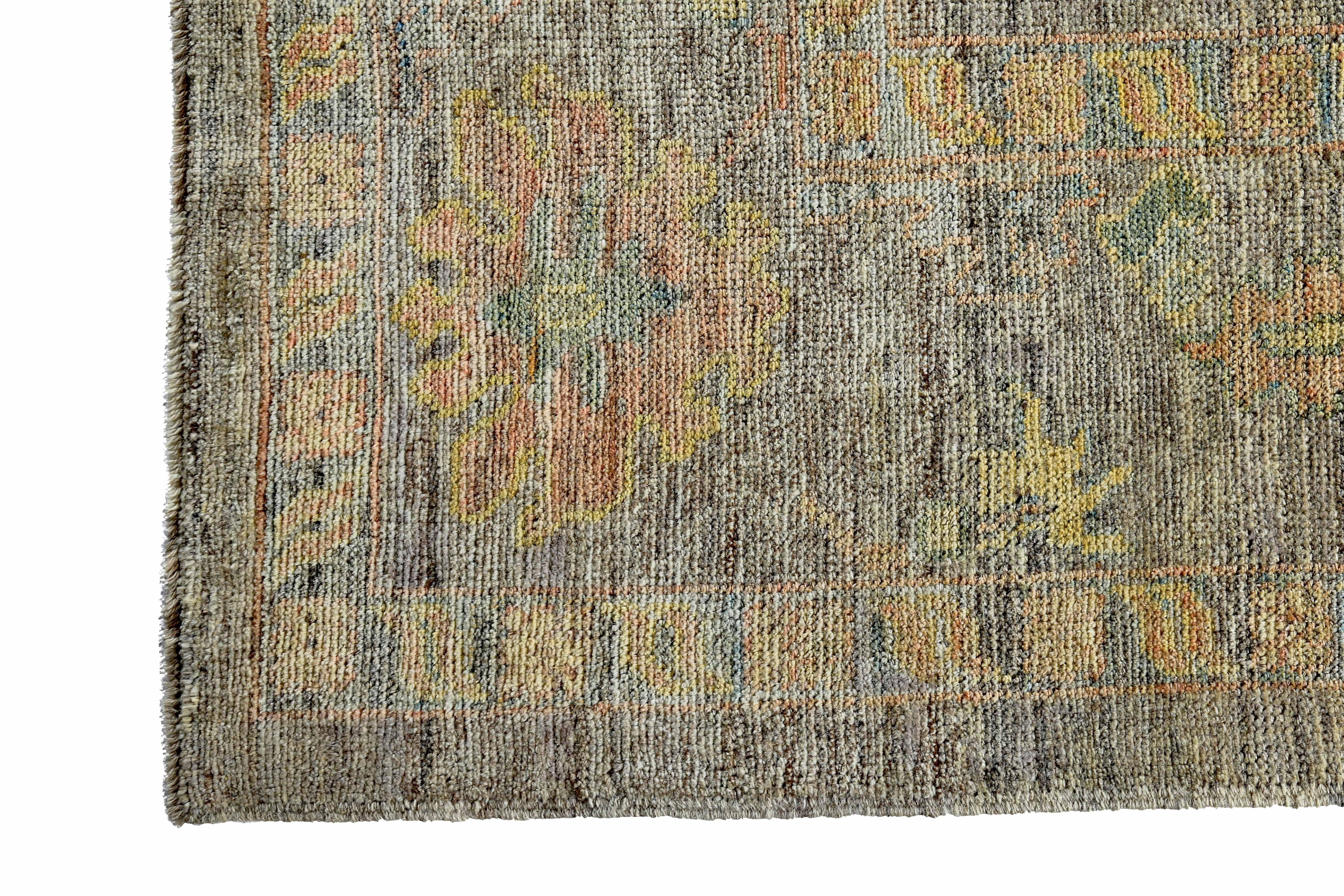 20th Century New Turkish Oushak Rug with Yellow & Green Floral Details on Brown Field For Sale