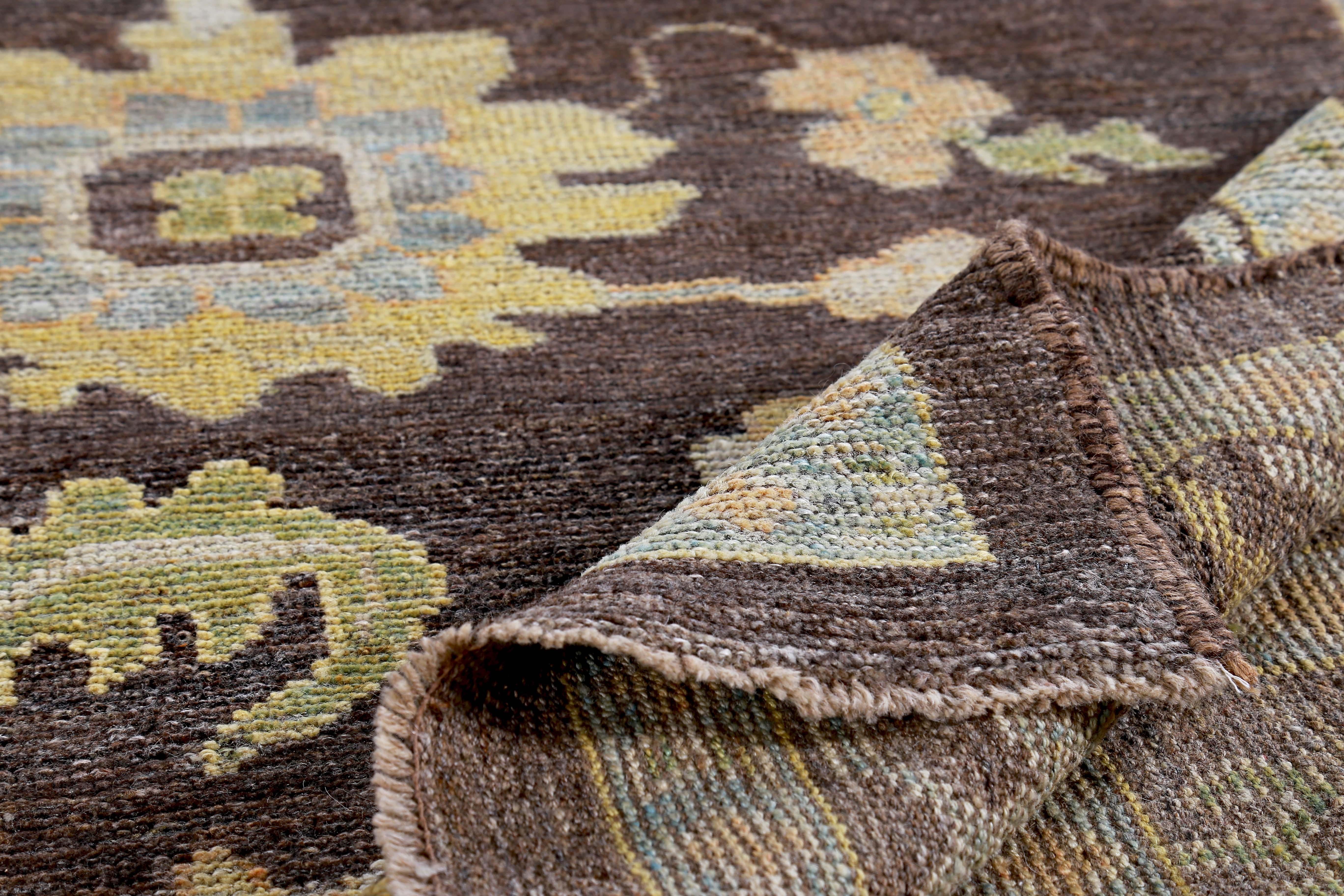 Contemporary New Turkish Oushak Rug with Yellow and Green Floral Details on Brown Field For Sale