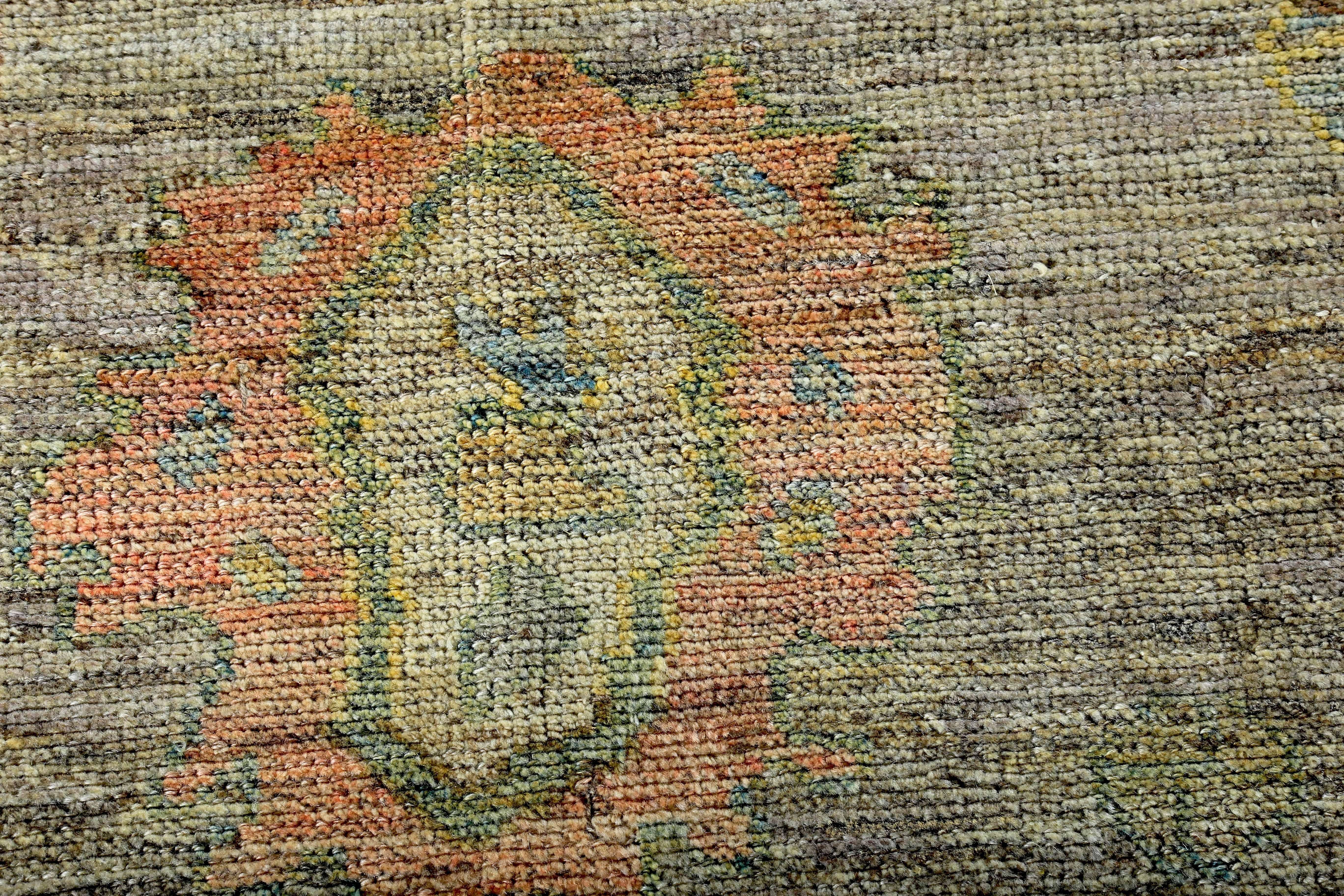 Wool New Turkish Oushak Rug with Yellow & Green Floral Details on Brown Field For Sale