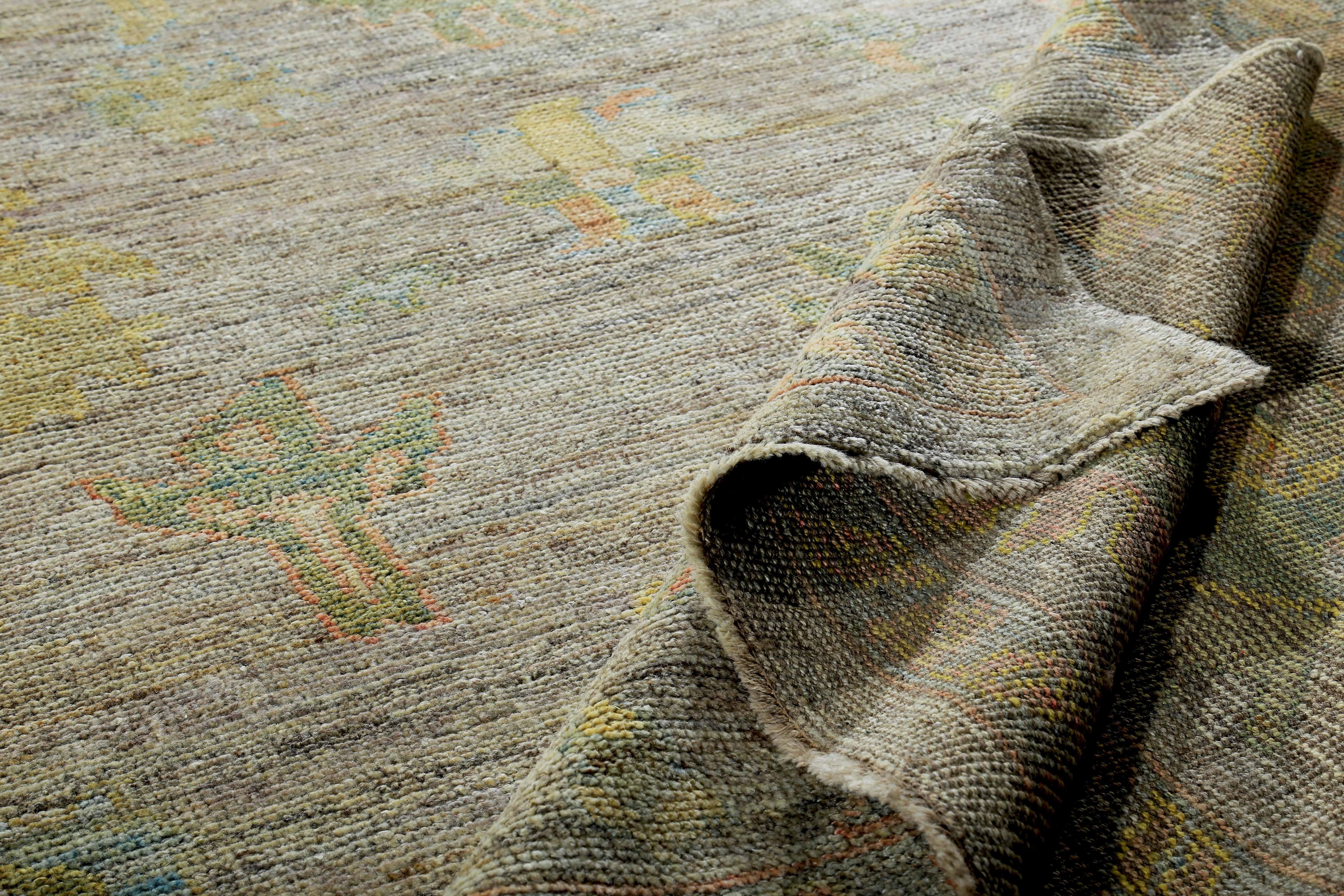 New Turkish Oushak Rug with Yellow & Green Floral Details on Brown Field For Sale 1