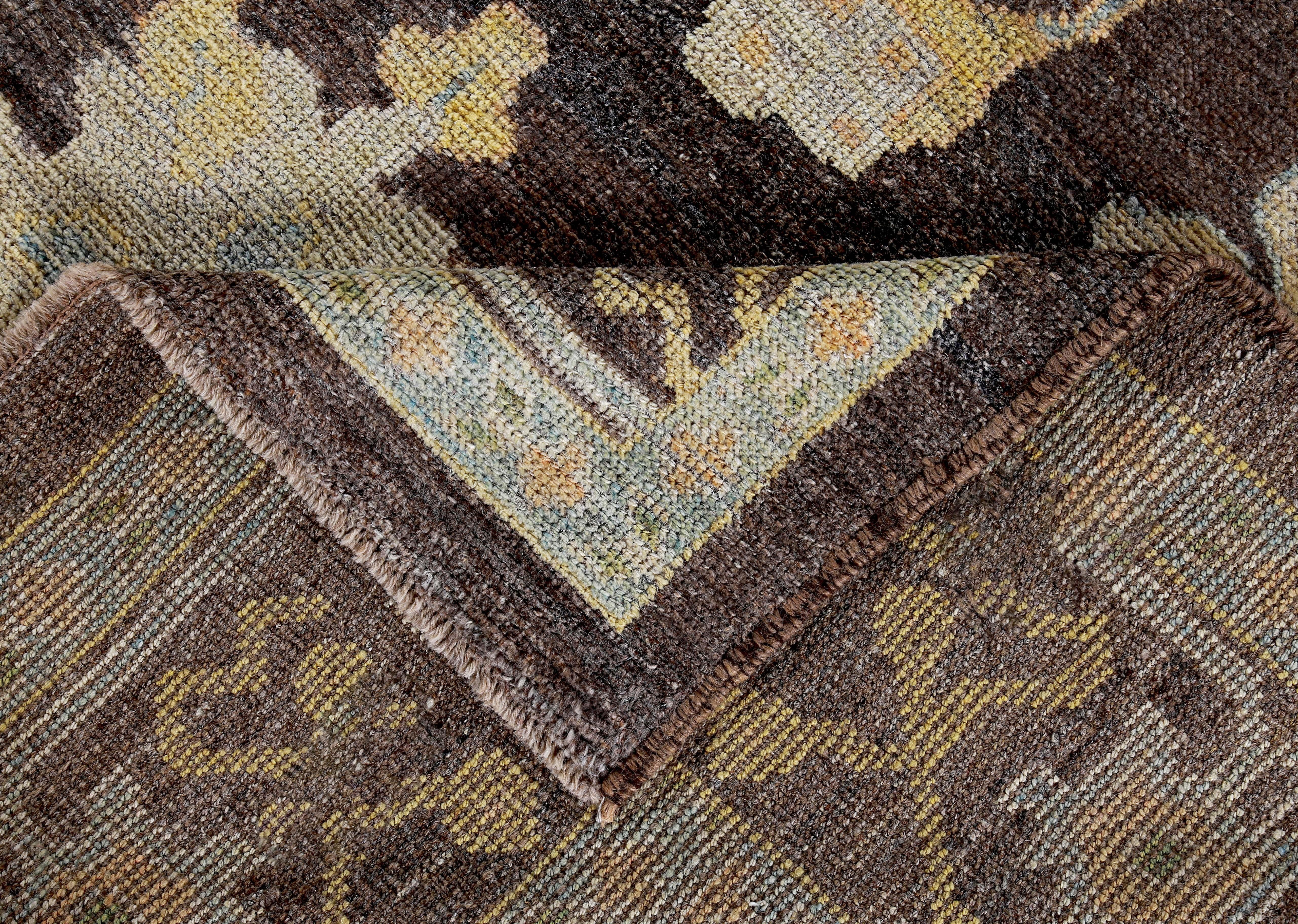New Turkish Oushak Rug with Yellow and Green Floral Details on Brown Field For Sale 1