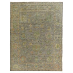 New Turkish Oushak Rug with Yellow & Green Floral Details on Brown Field