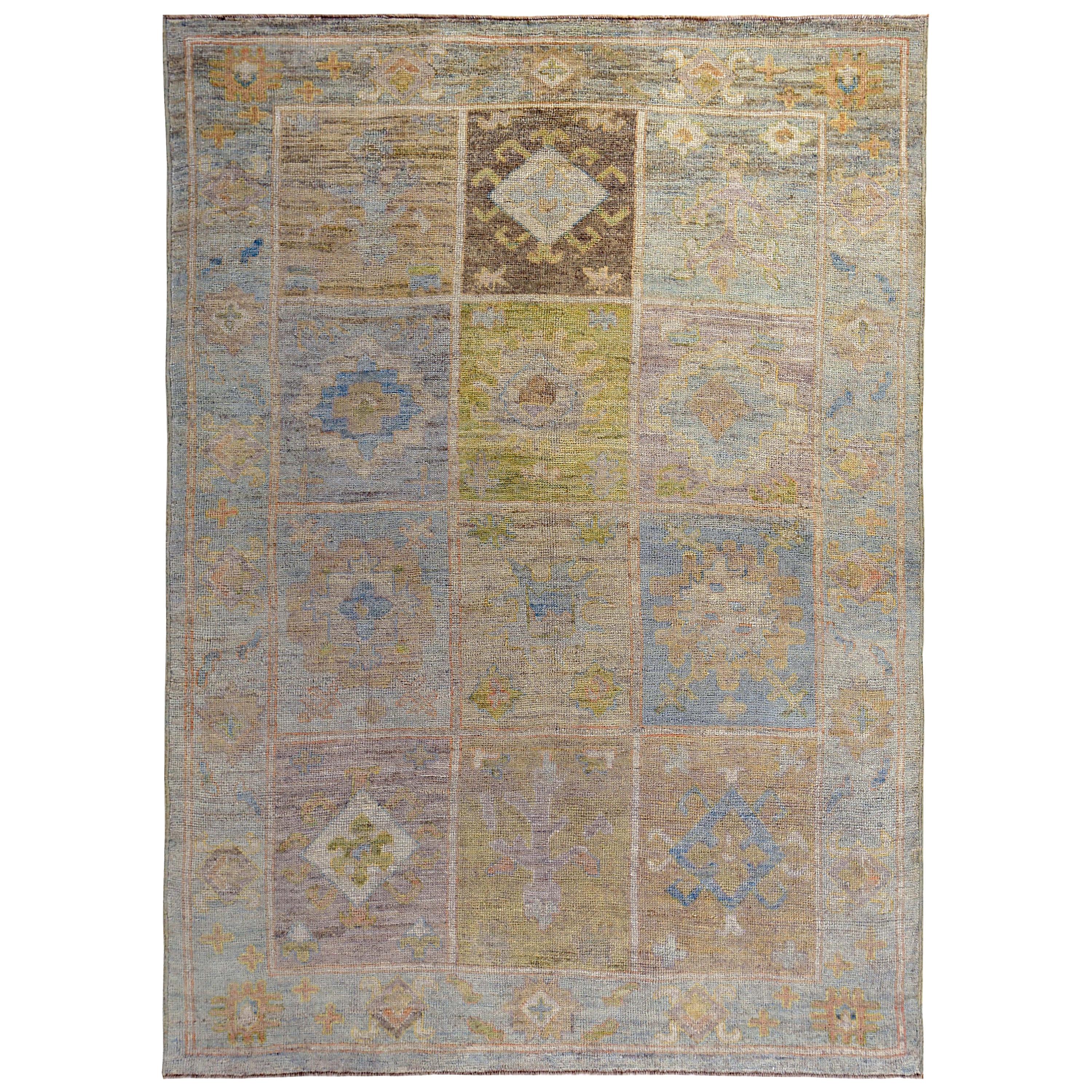 New Turkish Oushak Rug with Yellow Orange and Green Floral Details on Blue Field