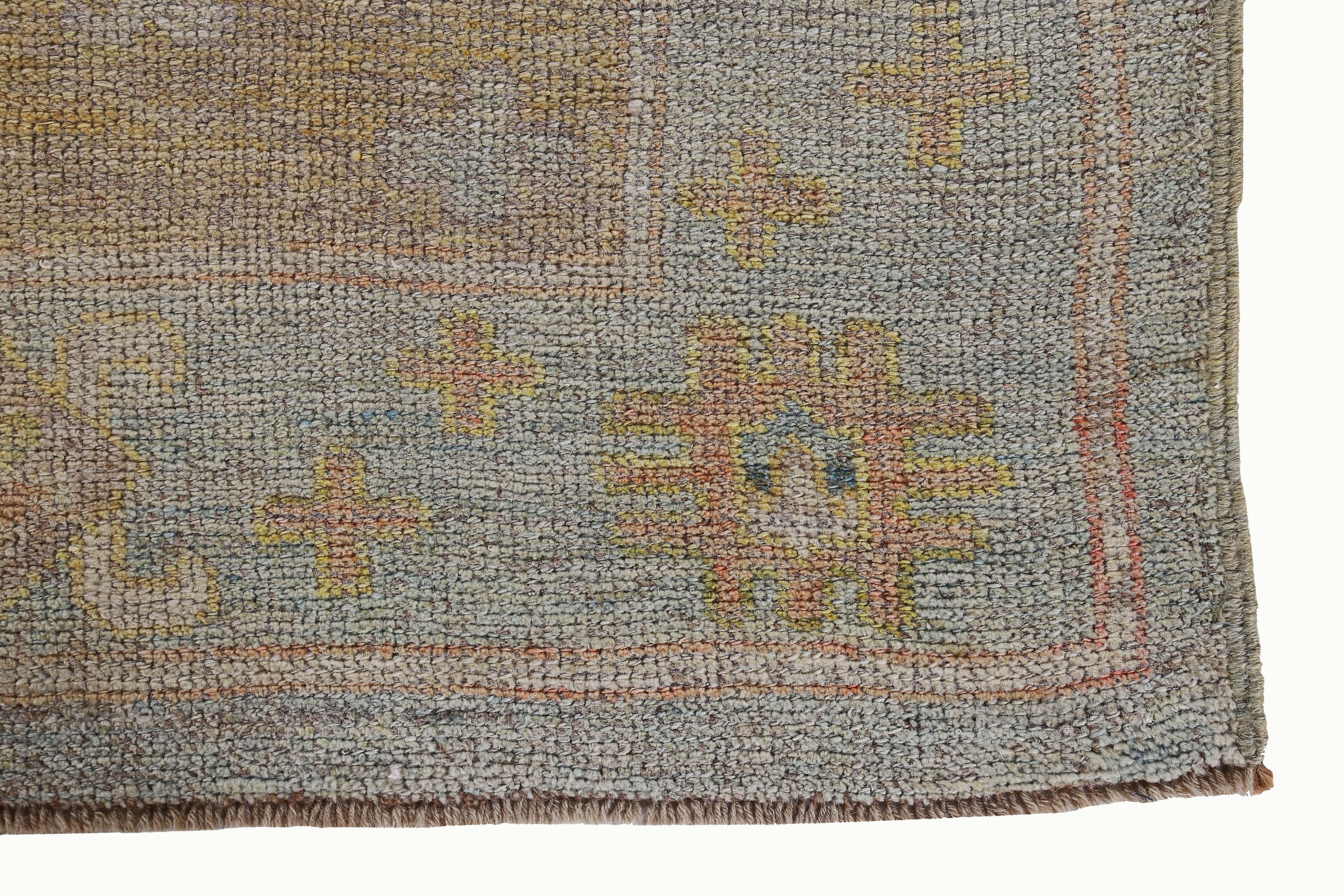 Hand-Woven New Turkish Oushak Rug with Yellow Orange and Green Floral Details on Blue Field For Sale