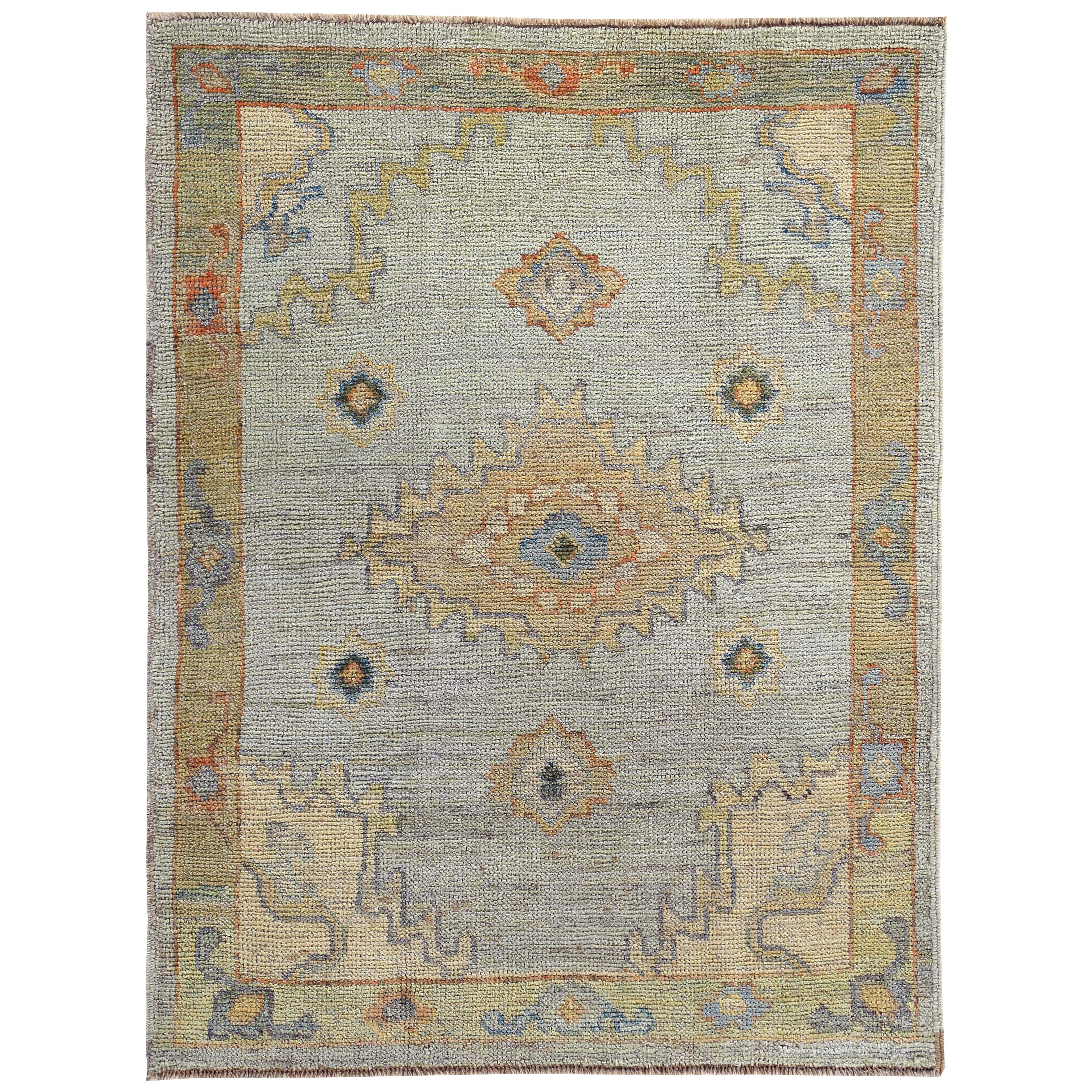New Turkish Oushak Rug with Yellow, Orange & Green Floral Details on Blue Field