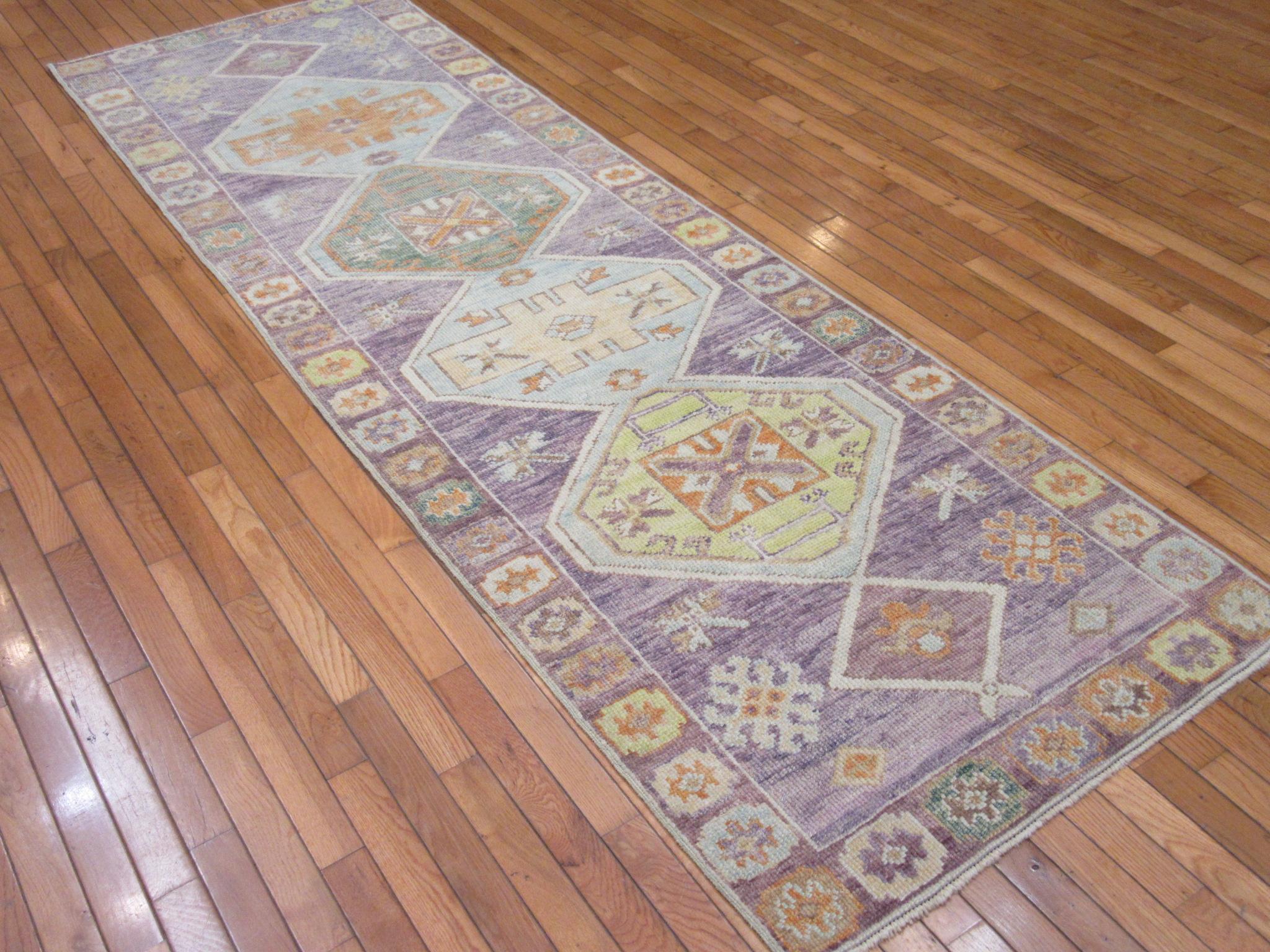 New Hand Knotted Wool Turkish Oushak Runner Rug For Sale 2