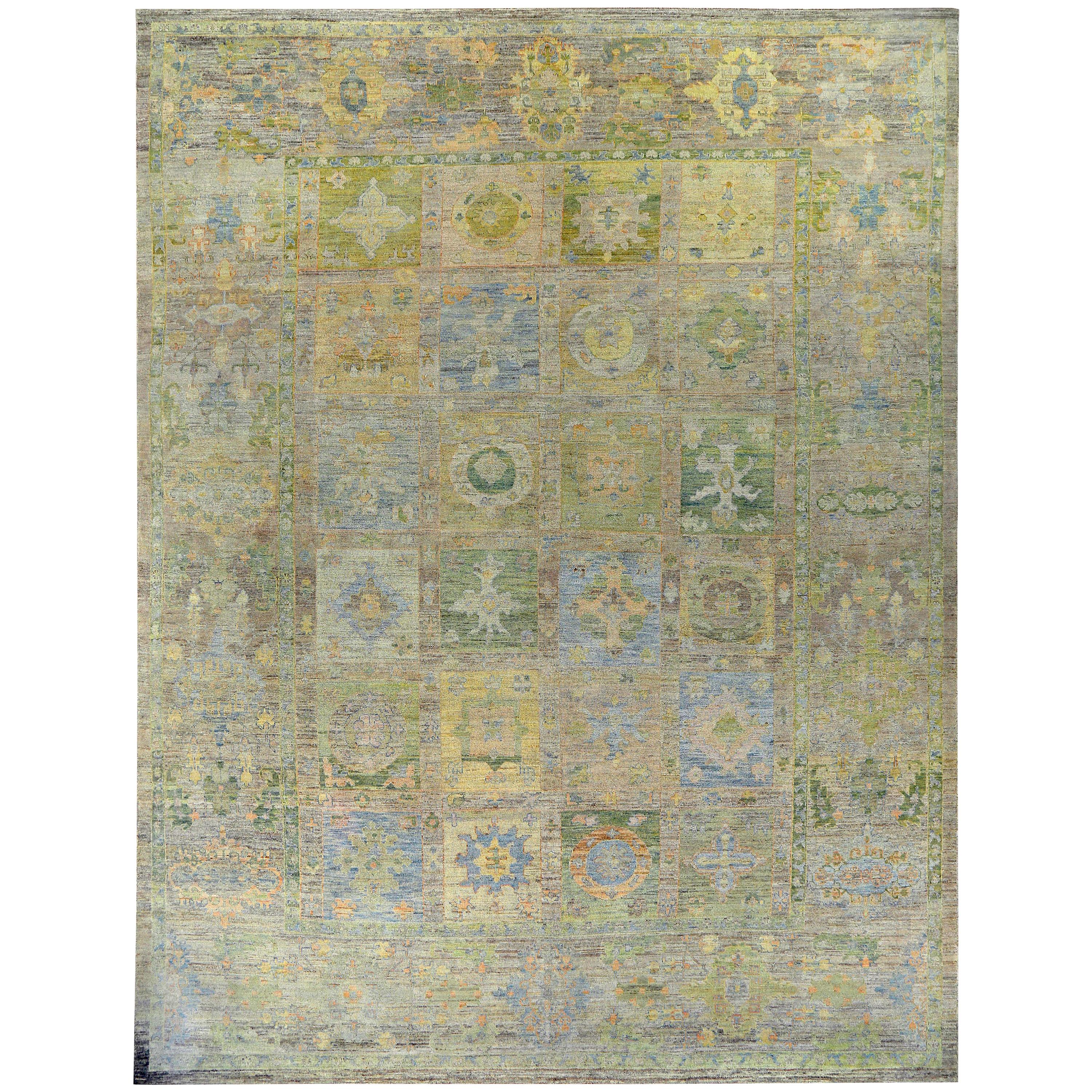 New Turkish Oushak Runner Rug with Blue and Green Floral Blocks on Brown Field For Sale