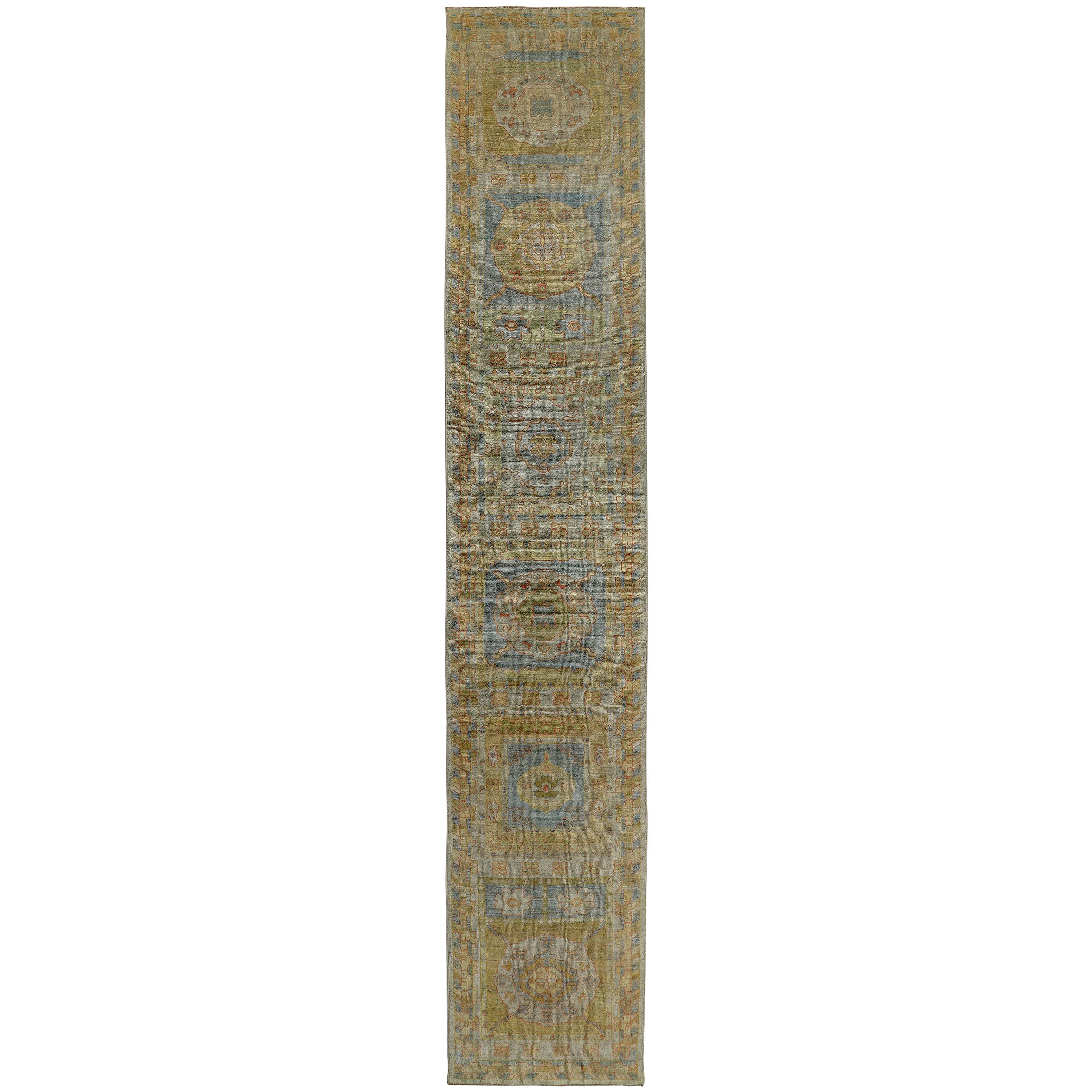 New Turkish Oushak Runner Rug with Blue and Green Floral Details on Yellow Field For Sale