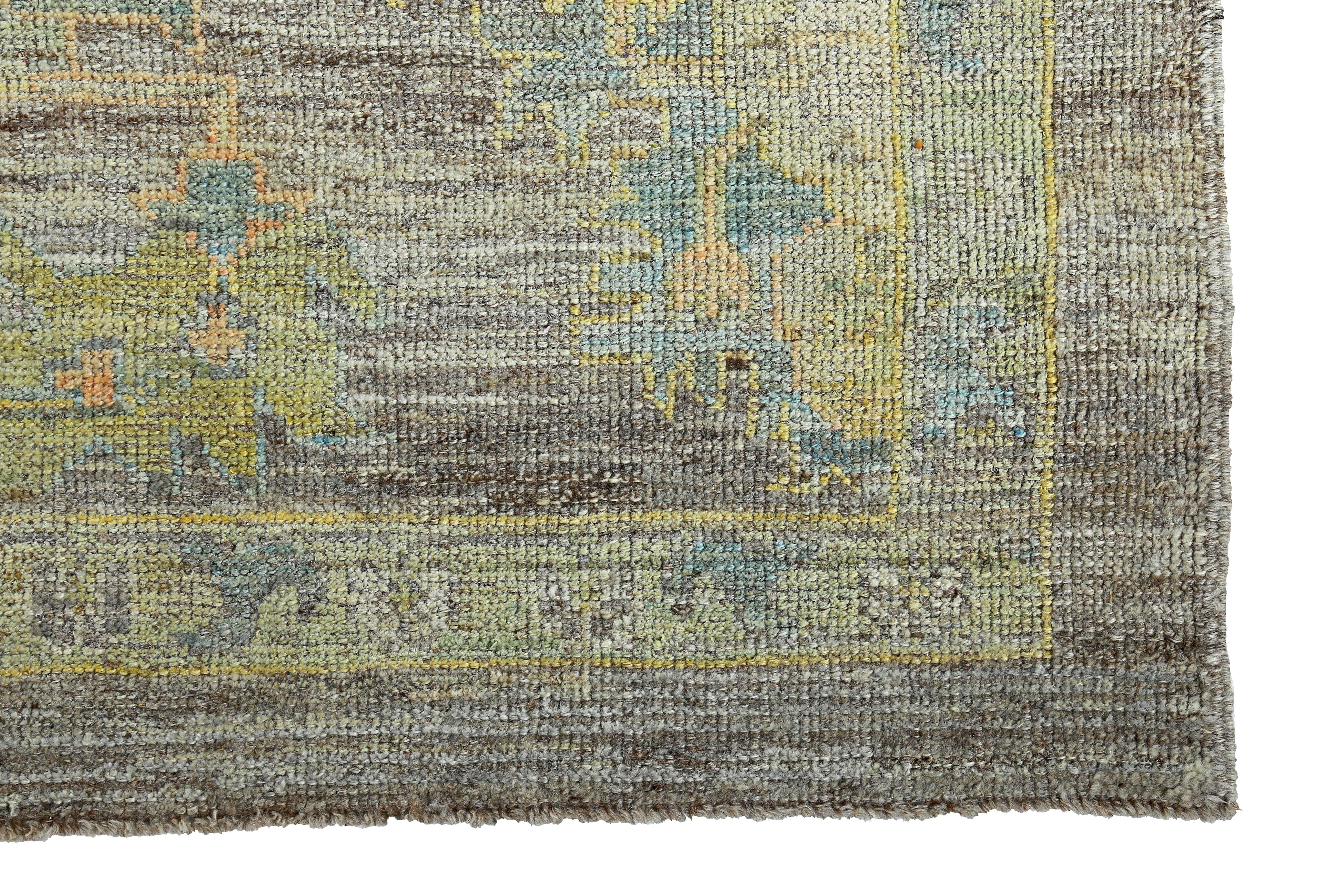 Wool New Turkish Oushak Runner Rug with Blue and Green Floral Blocks on Brown Field For Sale