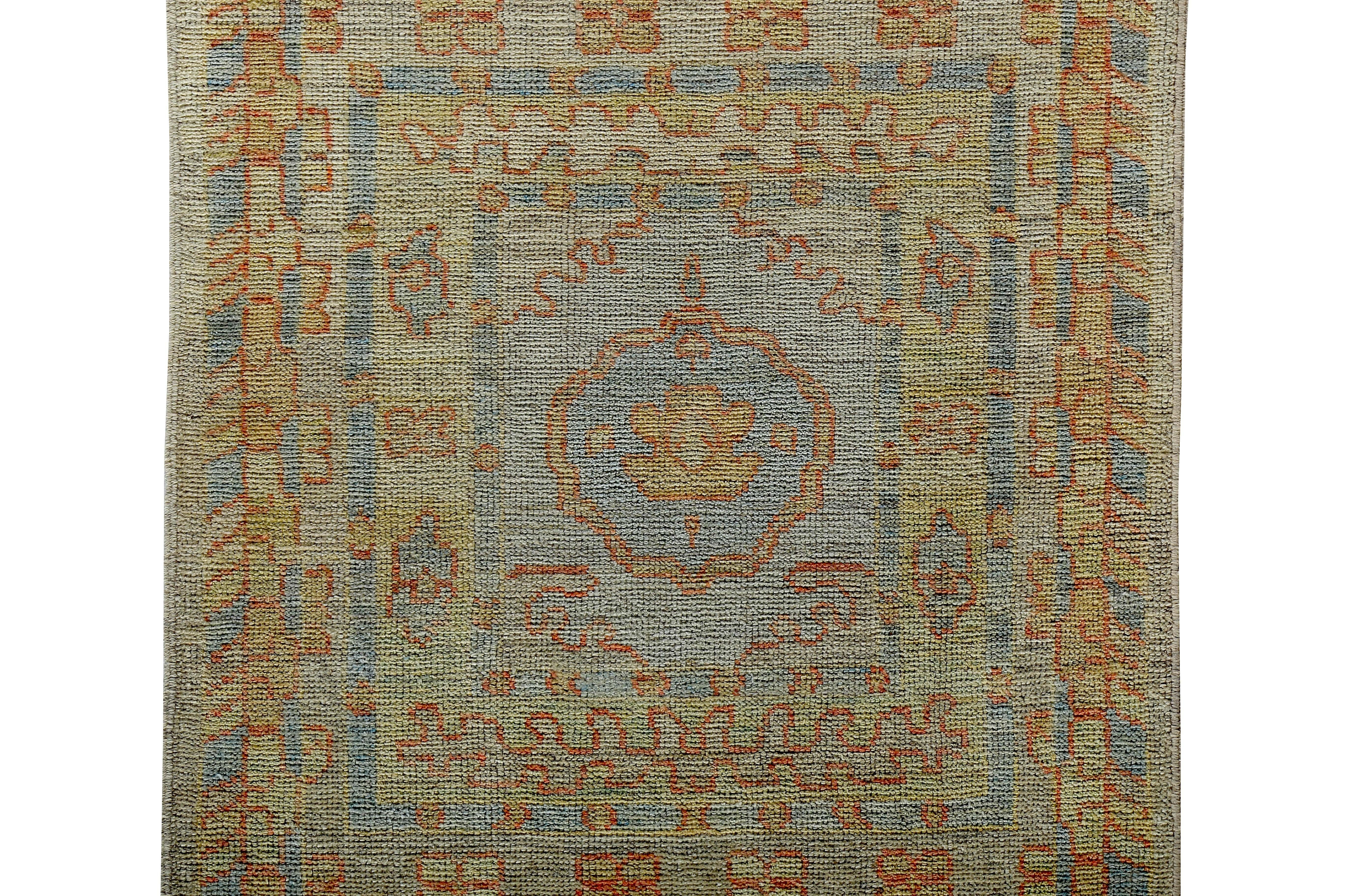Hand-Woven New Turkish Oushak Runner Rug with Blue and Green Floral Details on Yellow Field For Sale