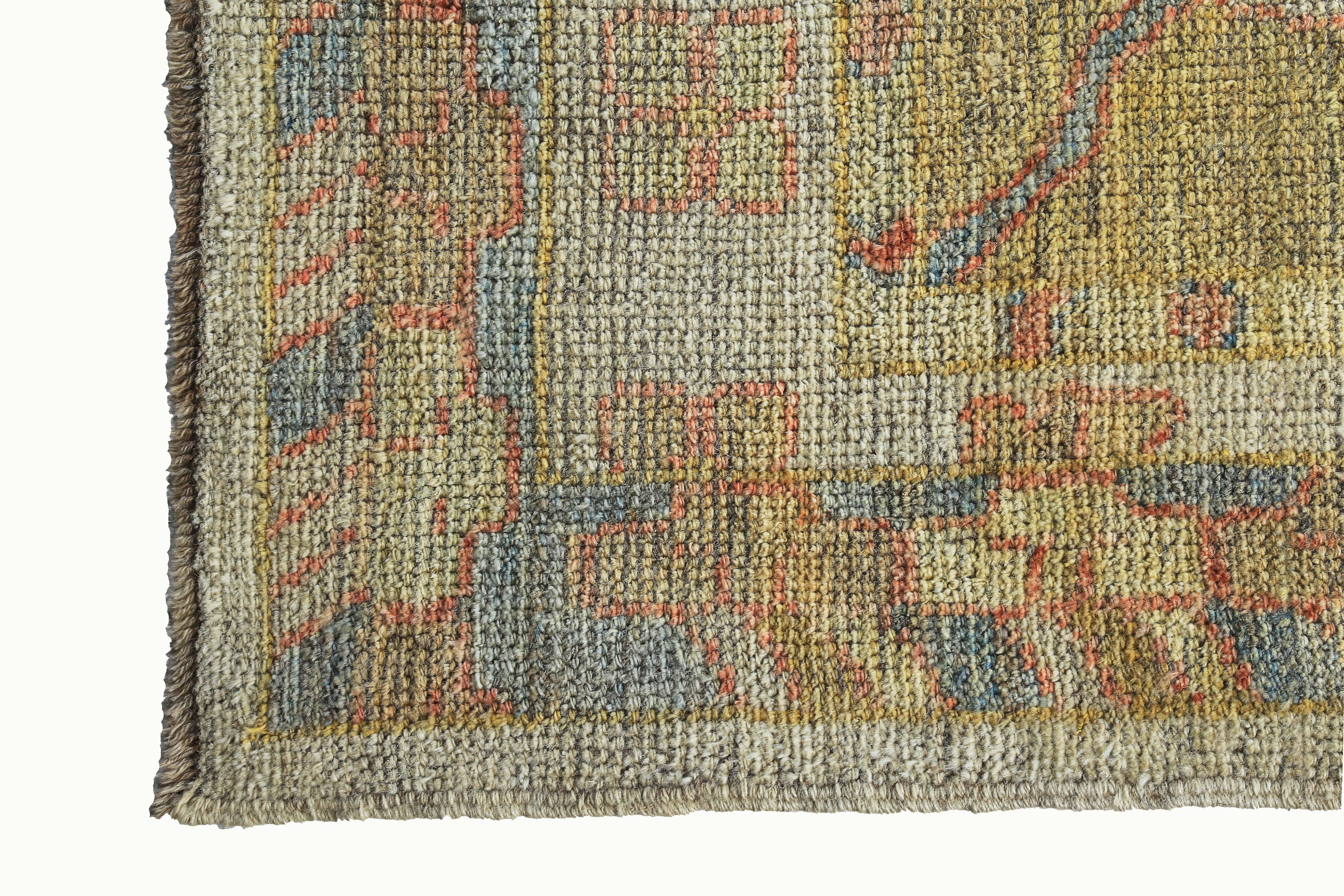 New Turkish Oushak Runner Rug with Blue and Green Floral Details on Yellow Field In New Condition For Sale In Dallas, TX