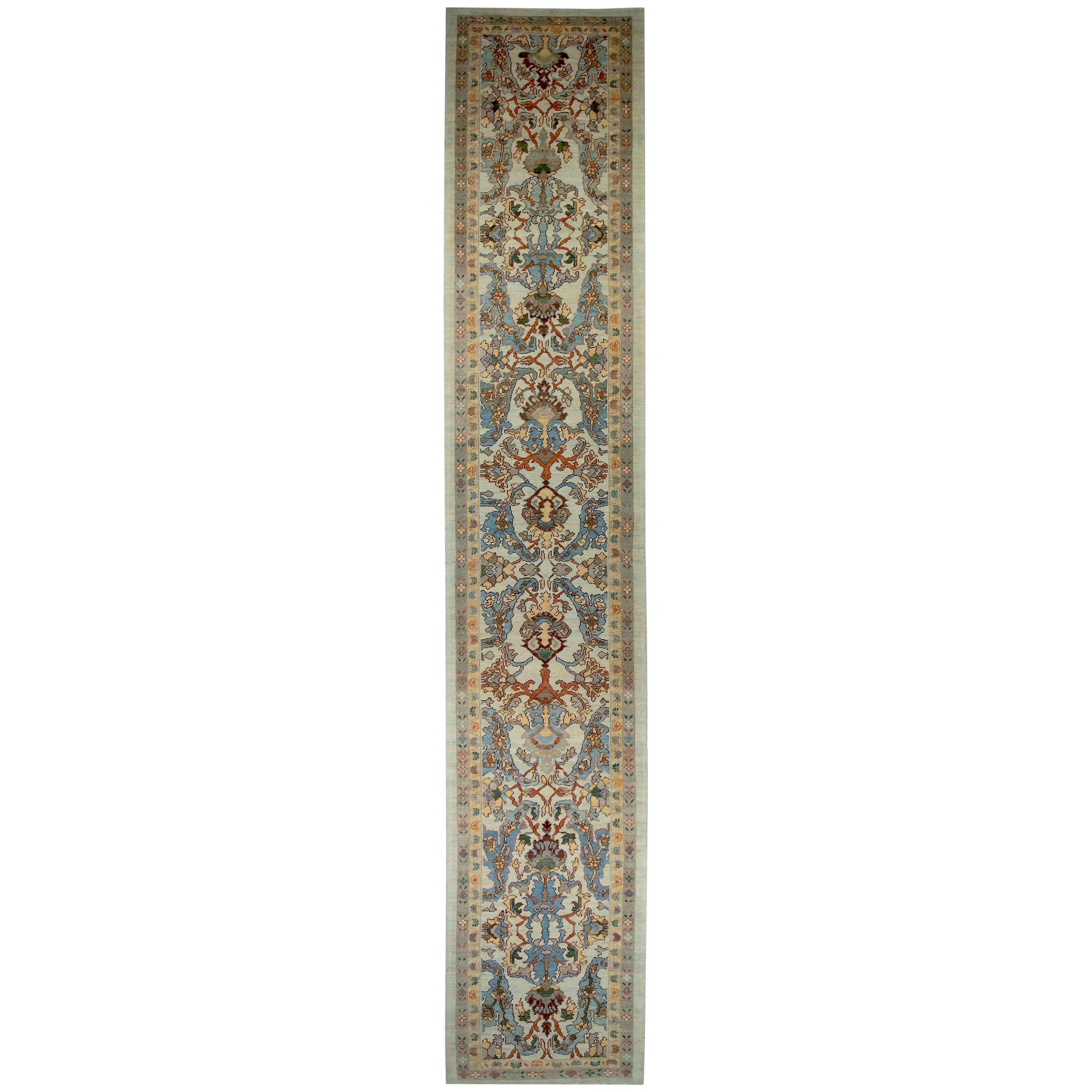 New Turkish Oushak Runner Rug with Brown and Blue Floral Details on Ivory Field