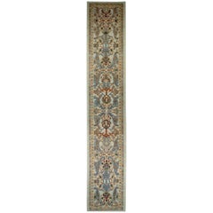 New Turkish Oushak Runner Rug with Brown and Blue Floral Details on Ivory Field