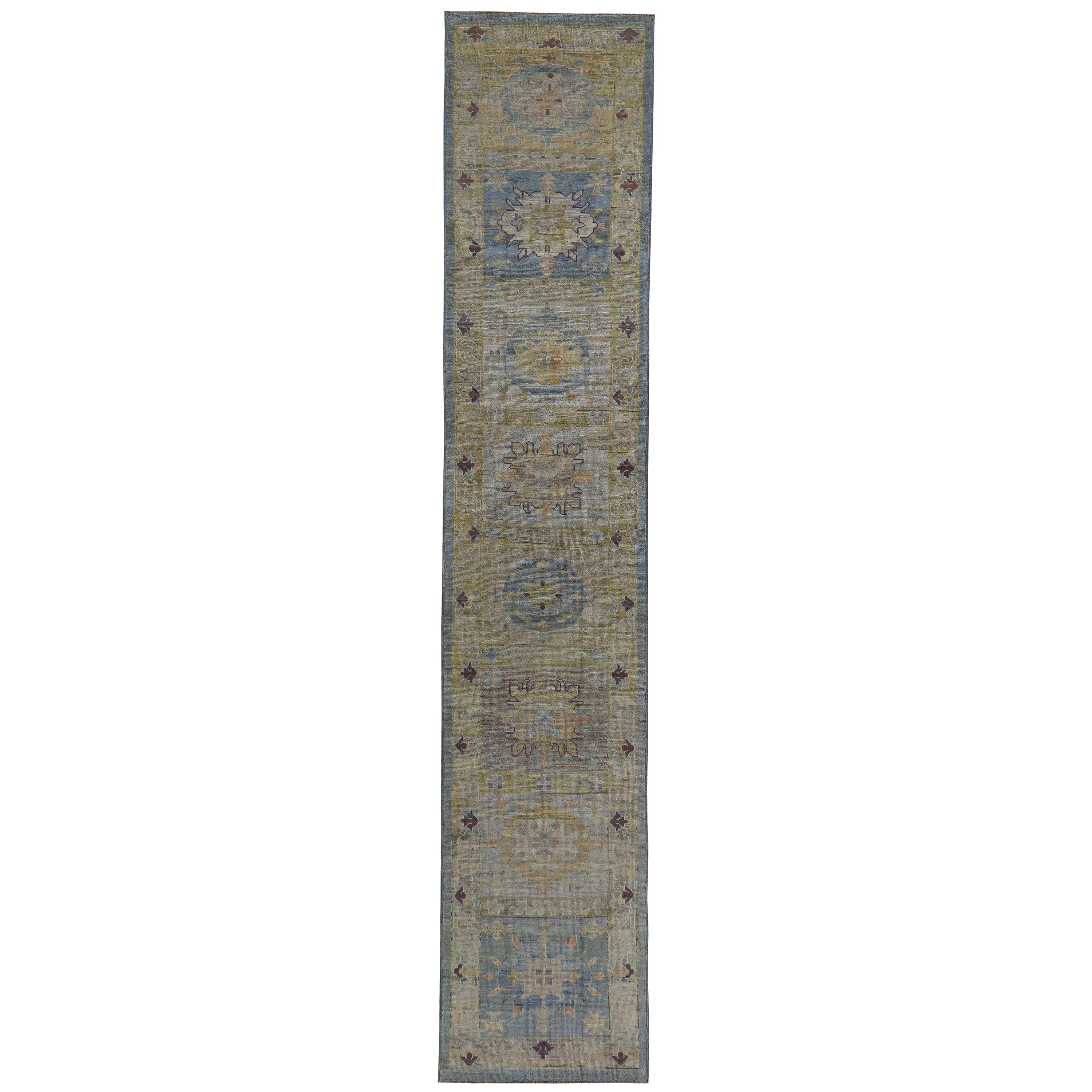 New Turkish Oushak Runner Rug with Brown and Yellow Floral Details on Blue Field For Sale