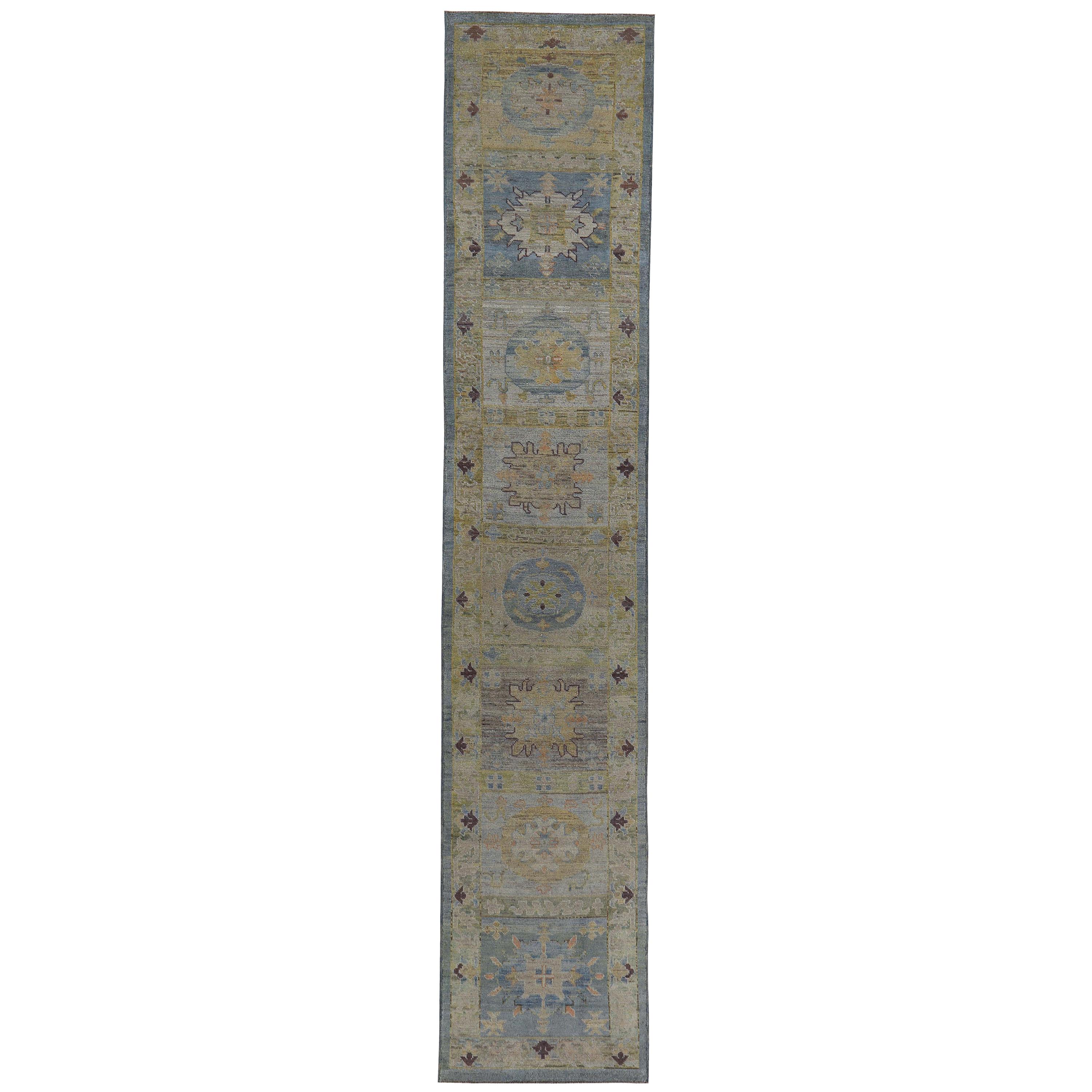 New Turkish Oushak Runner Rug with Brown and Yellow Floral Details on Blue Field