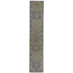 New Turkish Oushak Runner Rug with Brown and Yellow Floral Details on Blue Field